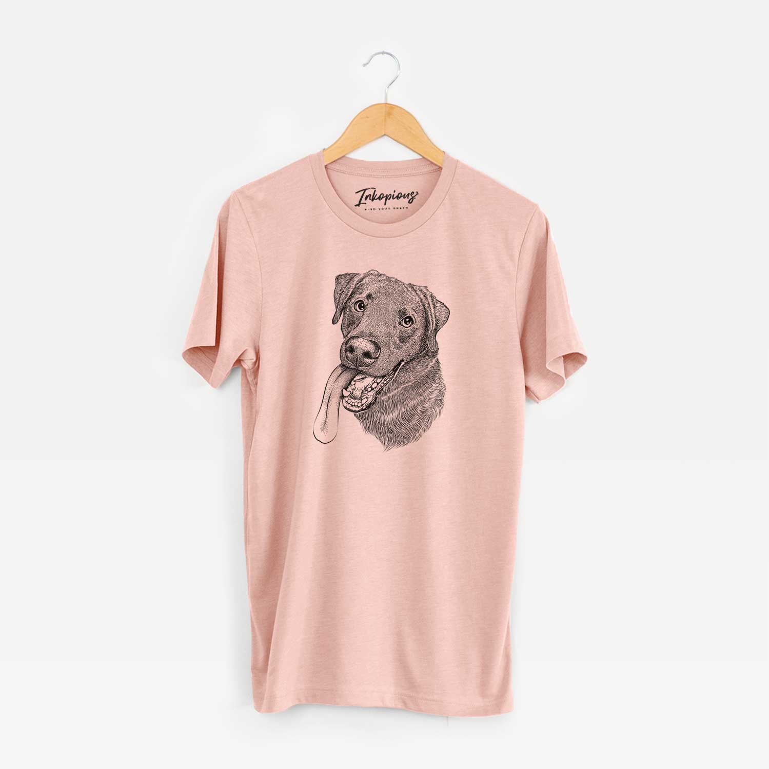 Hand-drawn sketch of Macaroni the Lab Mix on a Peach Unisex crewneck