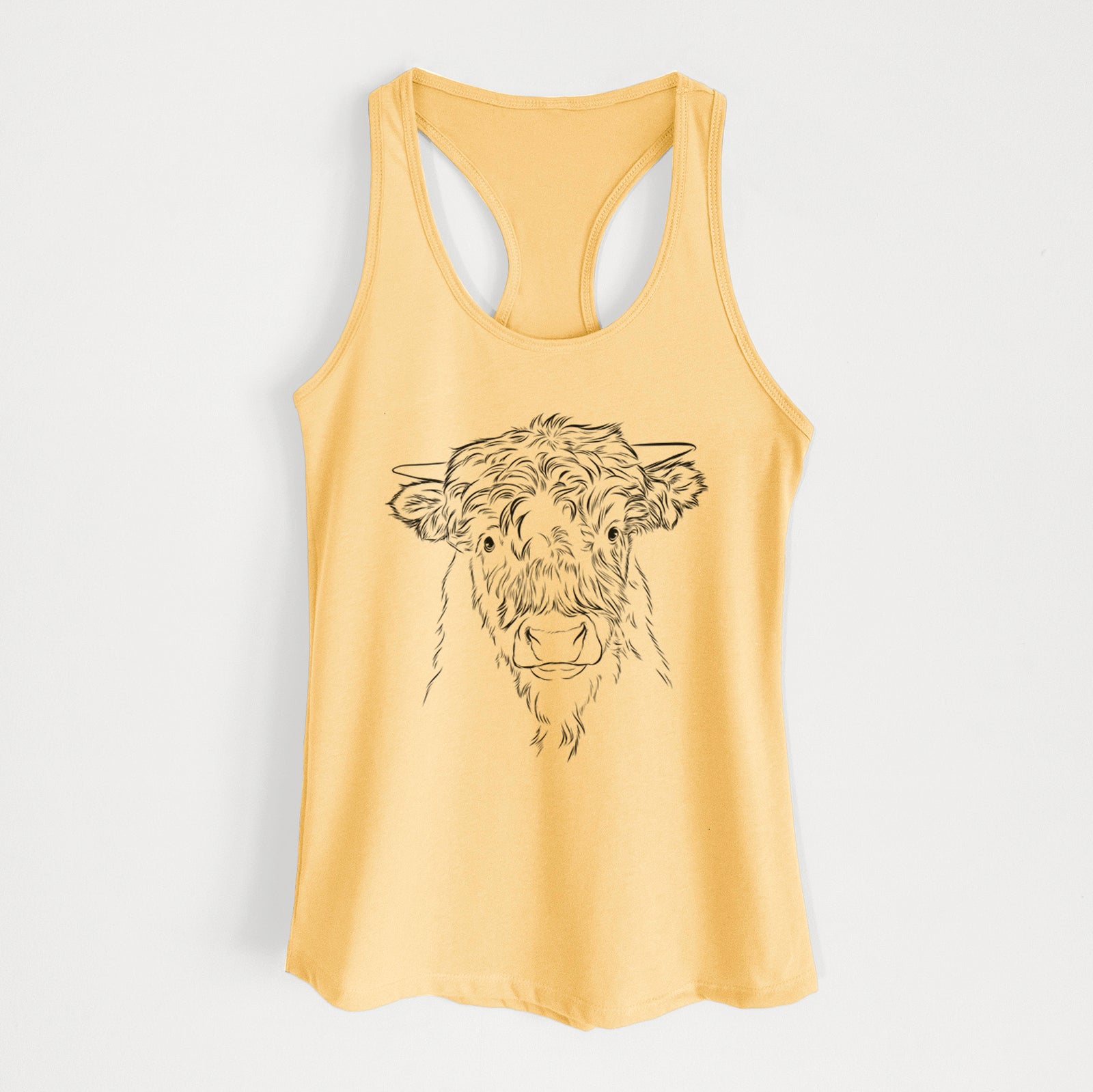 Hand-drawn sketch of Mack the Scottish Highland Cow on a Banana Cream Women's racerback tanktop