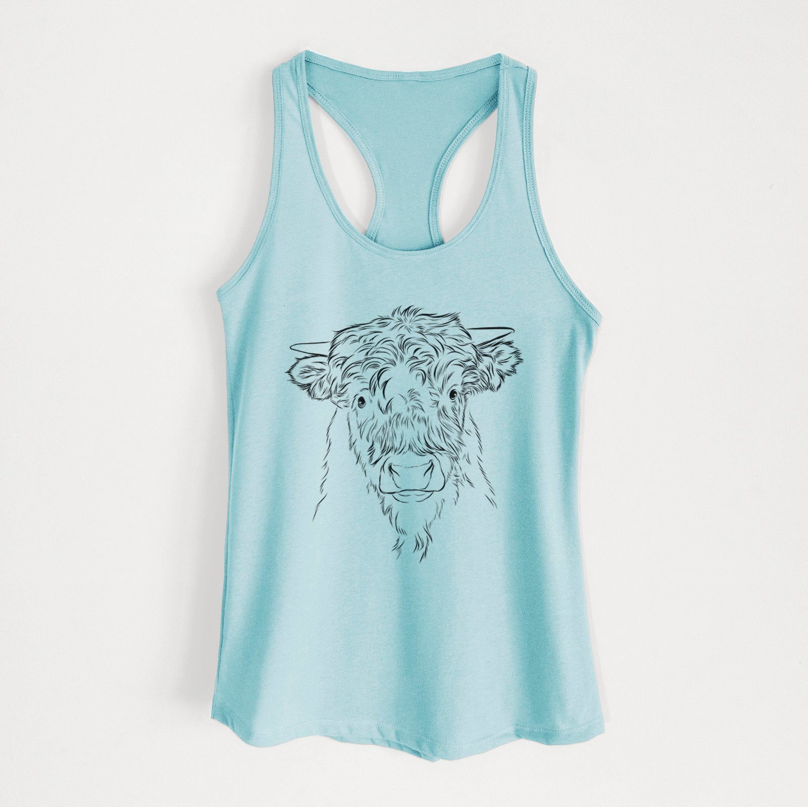 Hand-drawn sketch of Mack the Scottish Highland Cow on a Cancun Blue Women's racerback tanktop