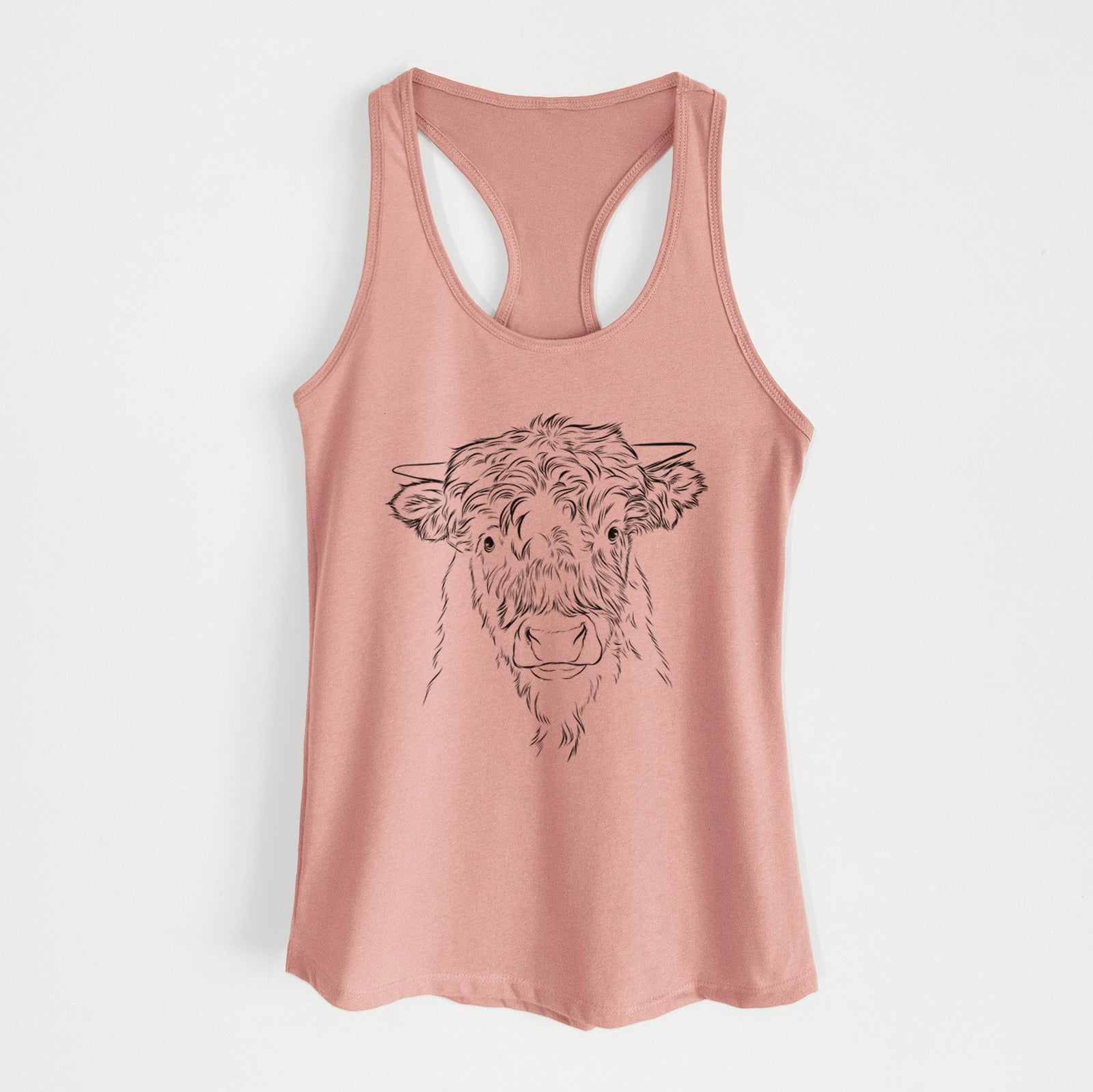 Hand-drawn sketch of Mack the Scottish Highland Cow on a Desert Pink Women's racerback tanktop