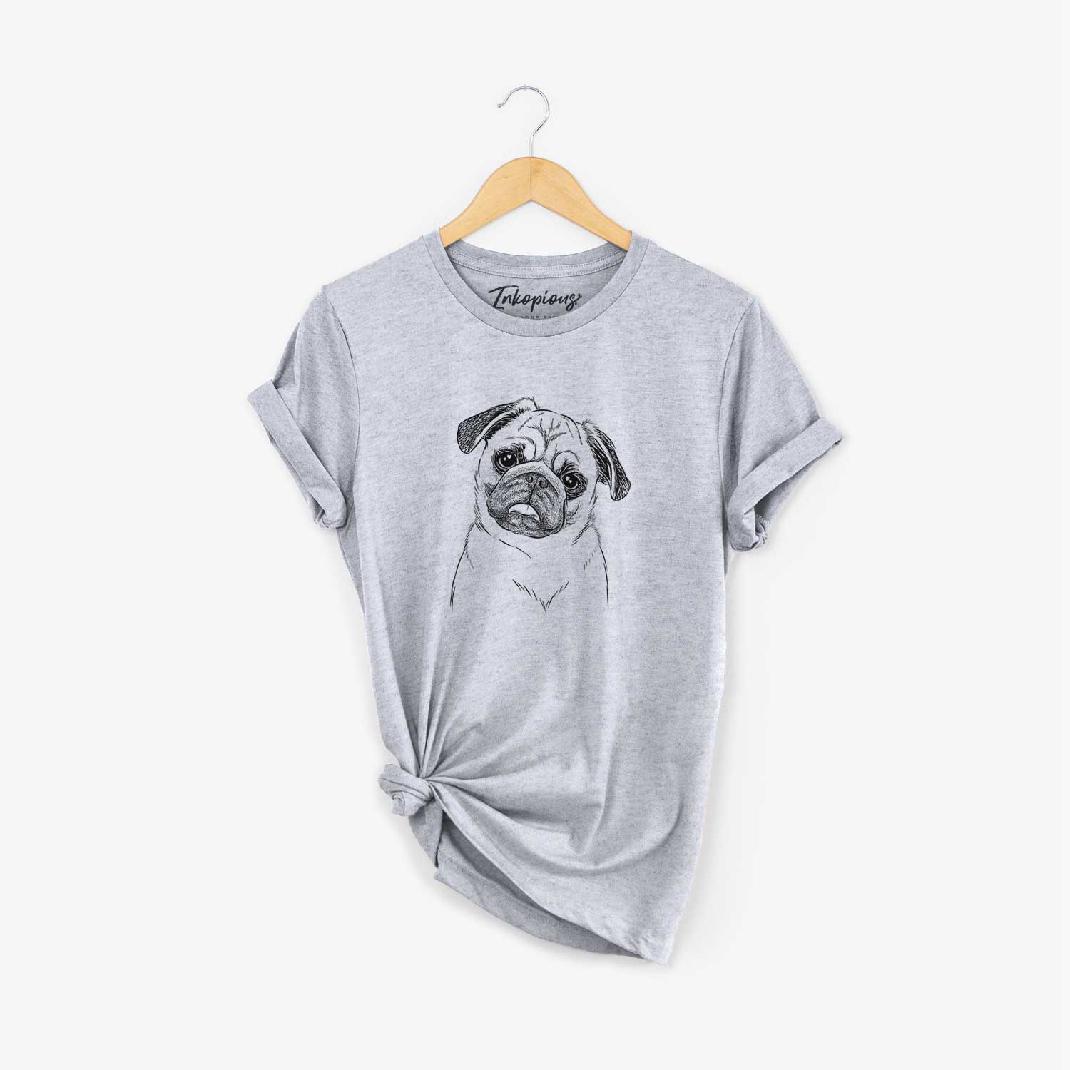 Hand-drawn sketch of Macy the Pug on a Grey Unisex crewneck