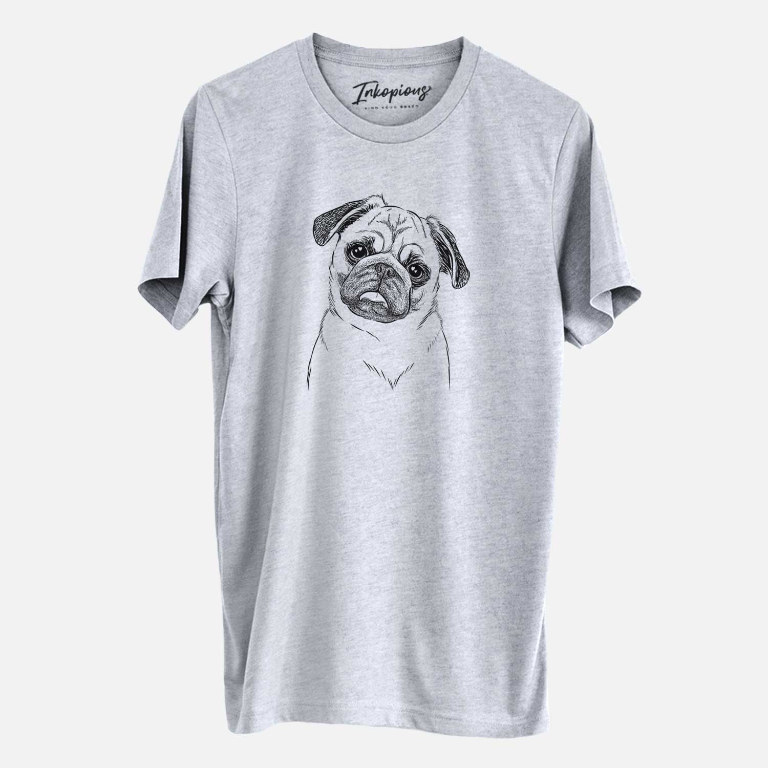 Hand-drawn sketch of Macy the Pug on a Grey Unisex crewneck