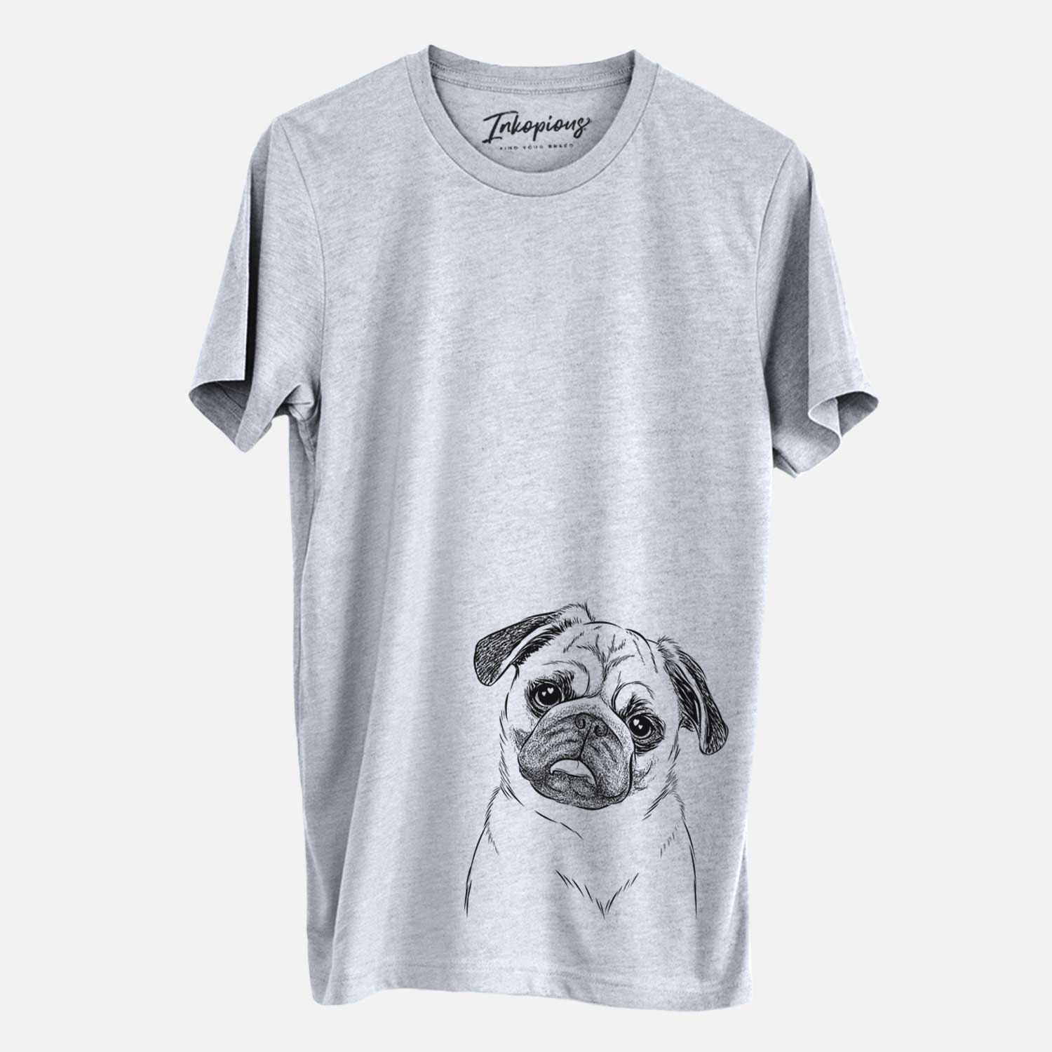 Hand-drawn sketch of Macy the Pug on a Grey Unisex crewneck