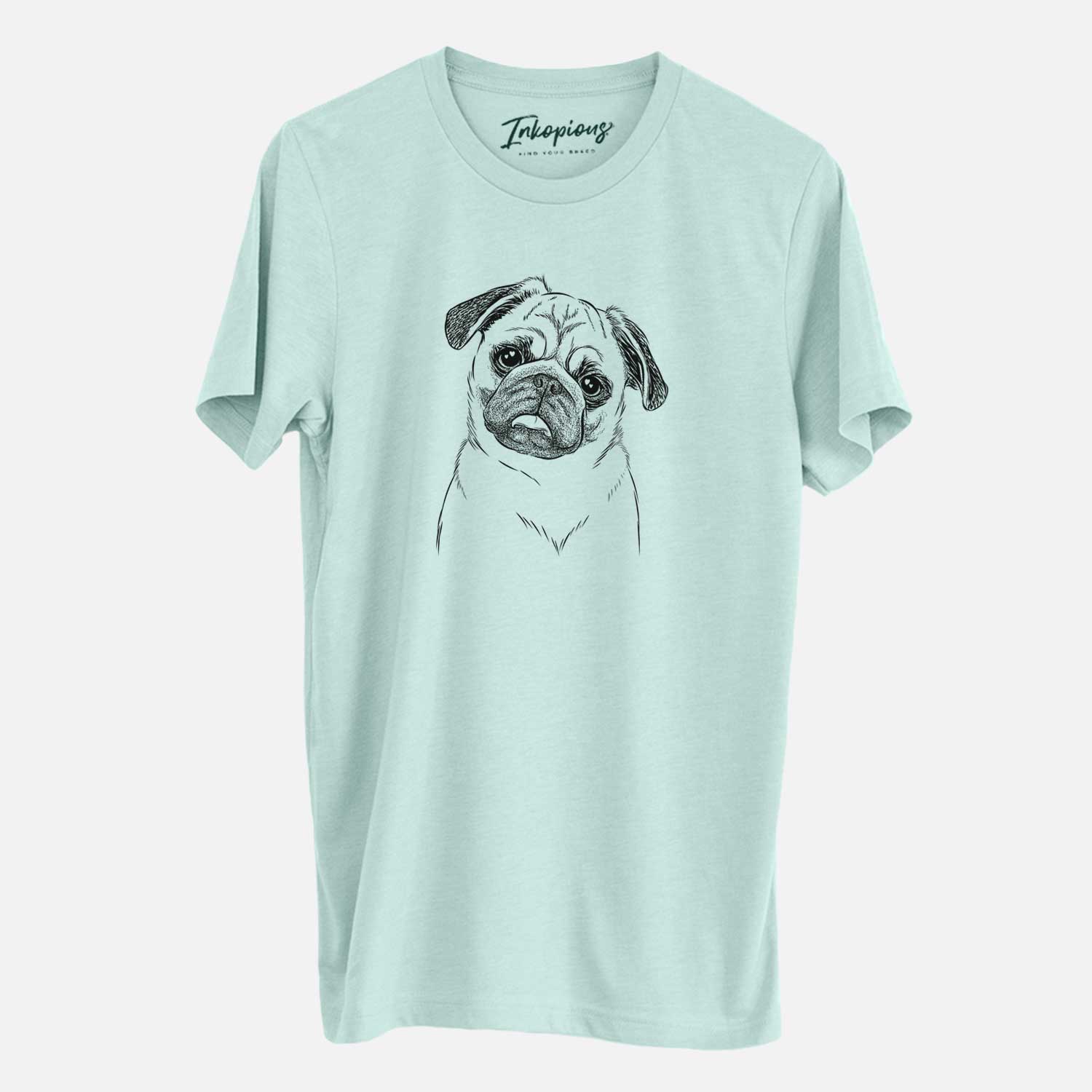 Hand-drawn sketch of Macy the Pug on a Heather Sage Unisex crewneck