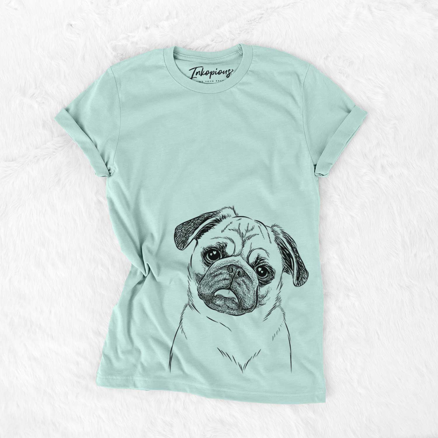 Hand-drawn sketch of Macy the Pug on a Heather Sage Unisex crewneck