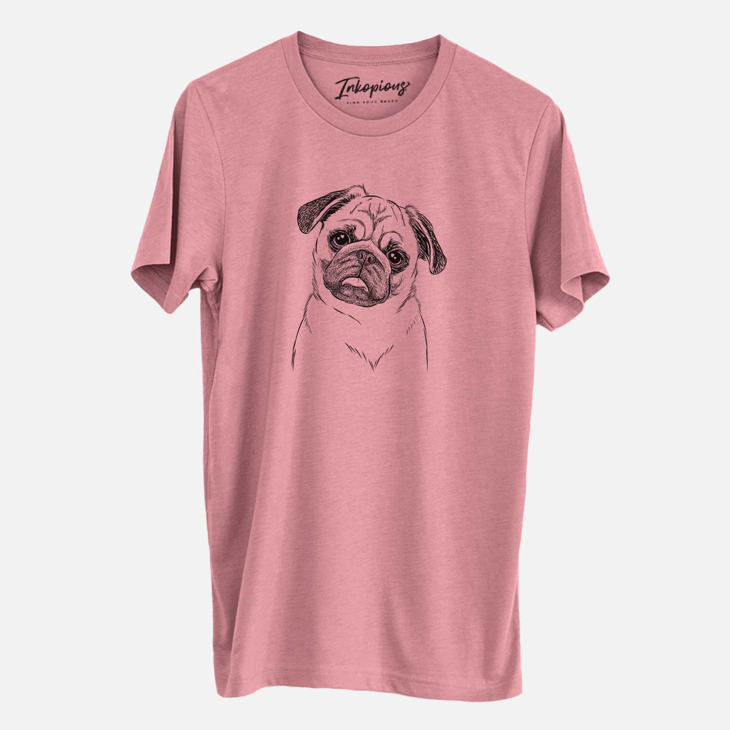 Hand-drawn sketch of Macy the Pug on a Mauve Unisex crewneck