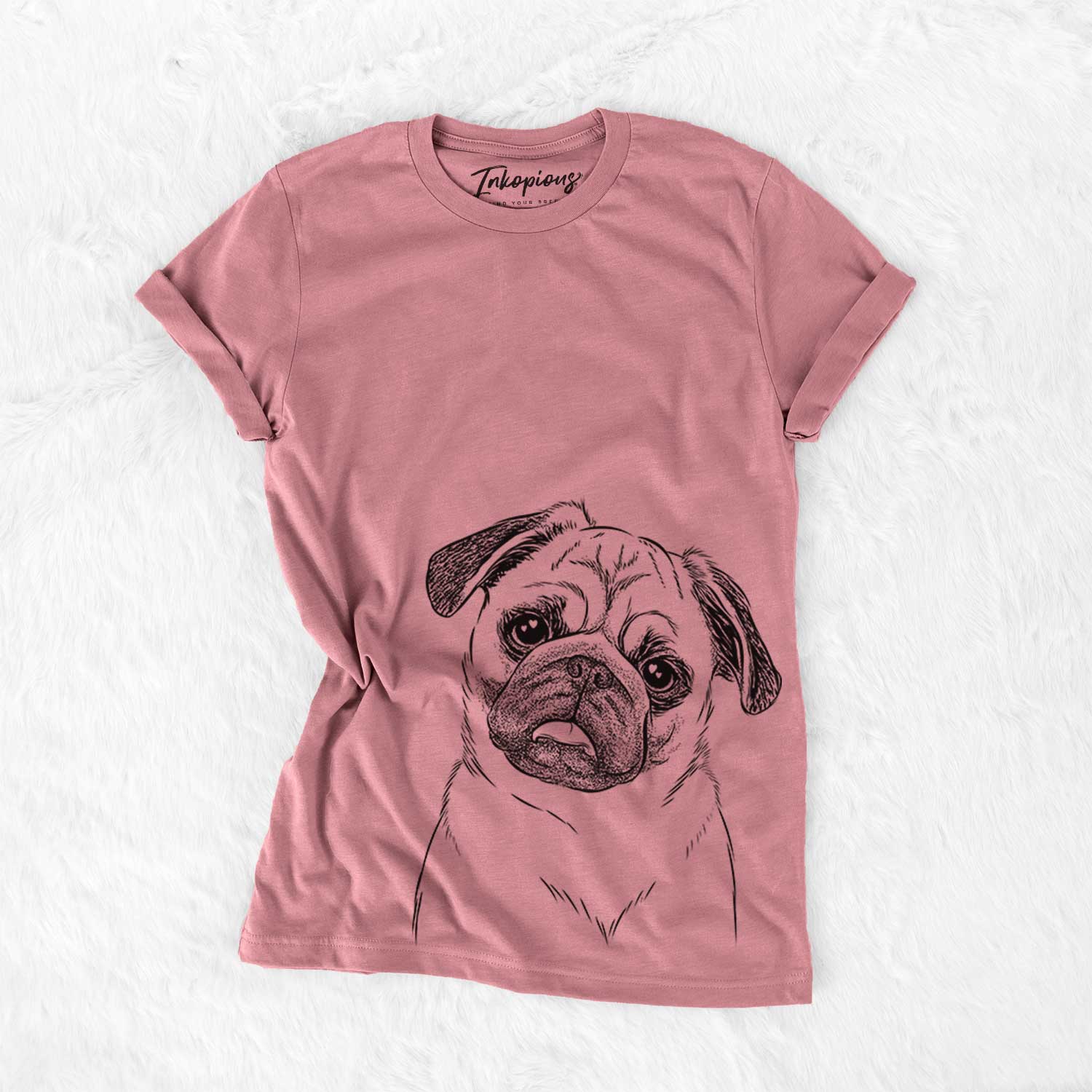 Hand-drawn sketch of Macy the Pug on a Mauve Bella Canvas Unisex Crewneck