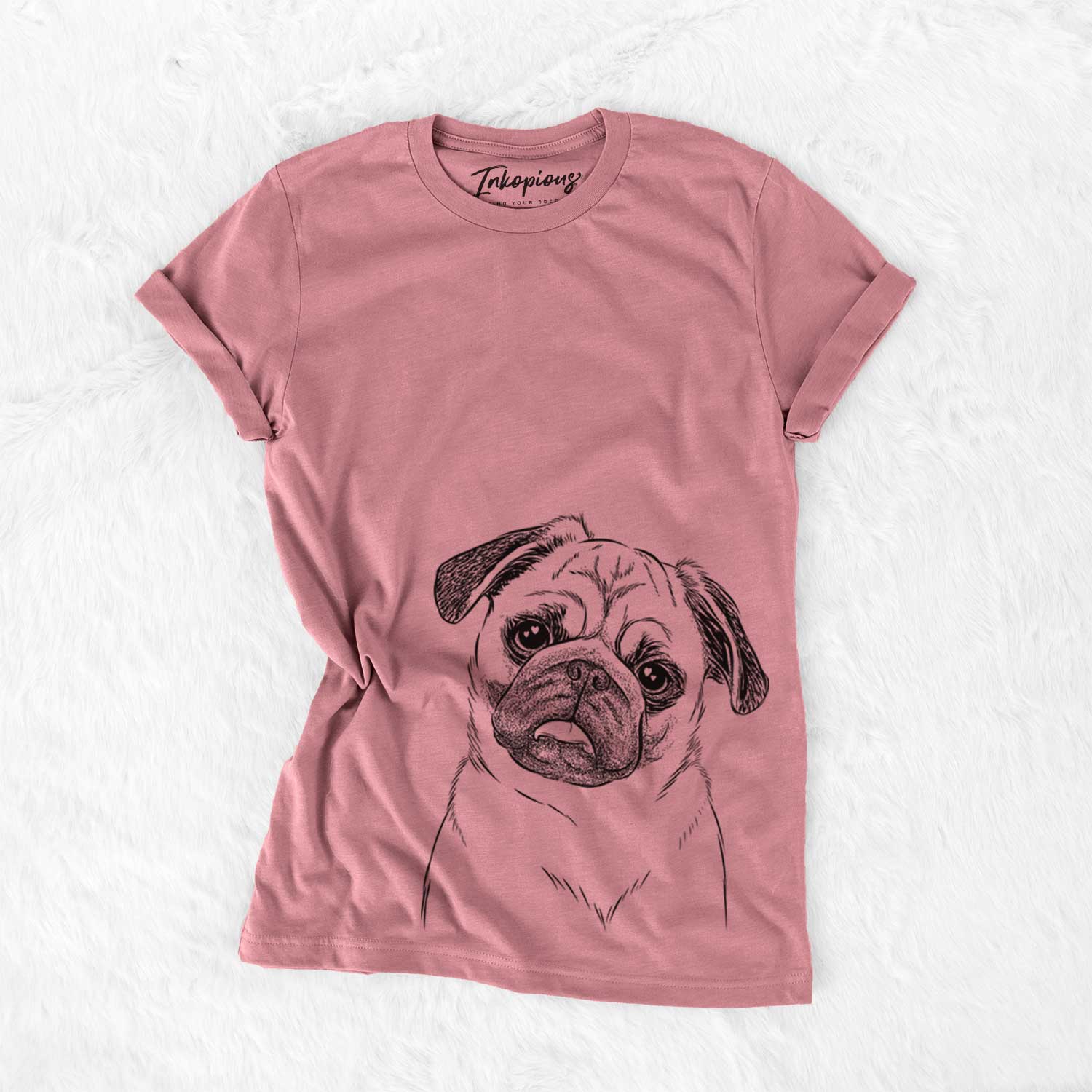 Hand-drawn sketch of Macy the Pug on a Mauve Unisex crewneck