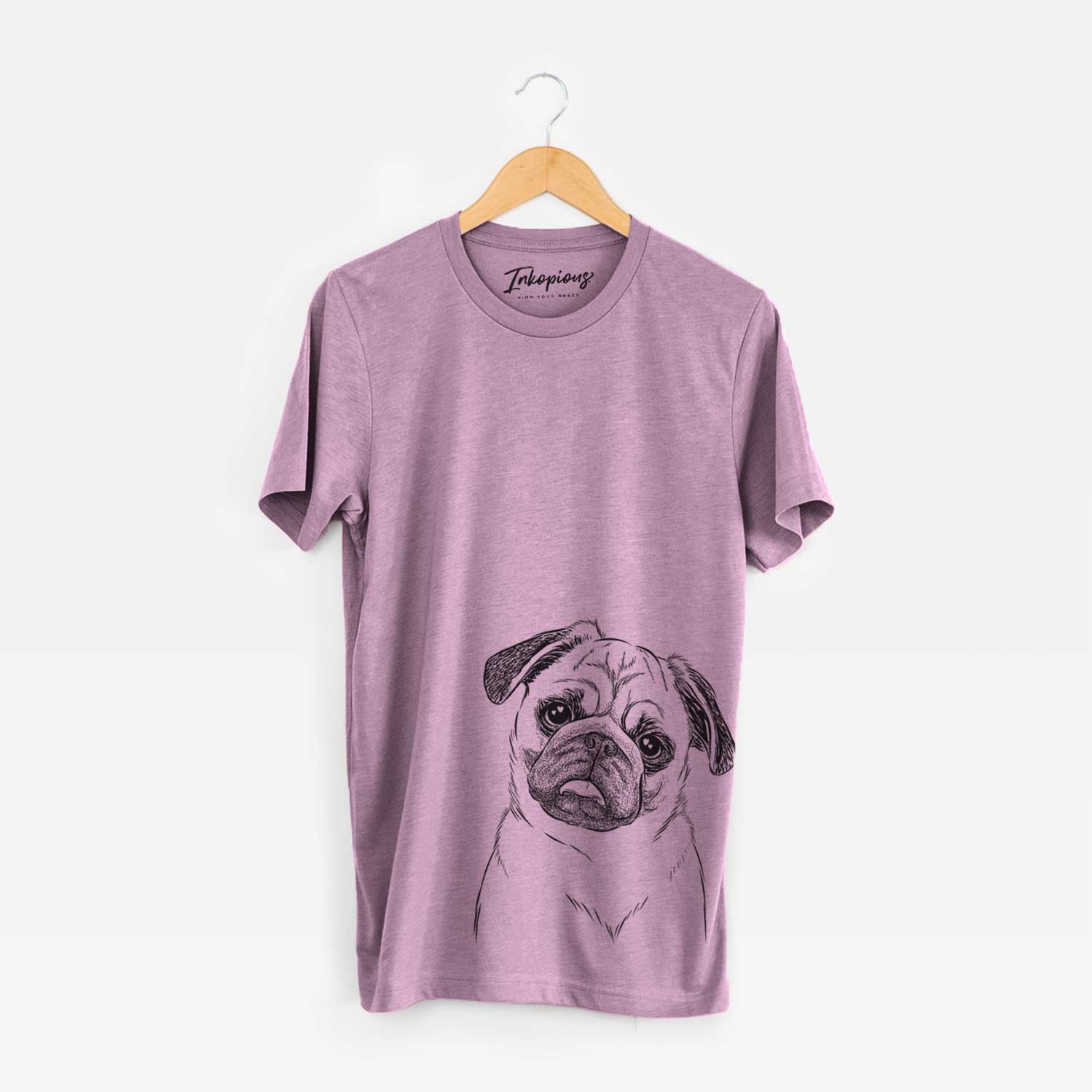 Hand-drawn sketch of Macy the Pug on an Orchid Unisex crewneck