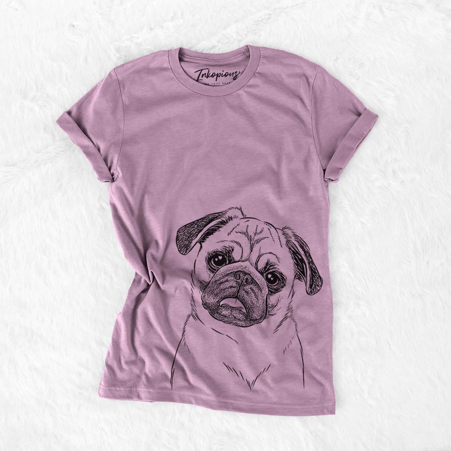 Hand-drawn sketch of Macy the Pug on an Orchid Bella Canvas Unisex Crewneck