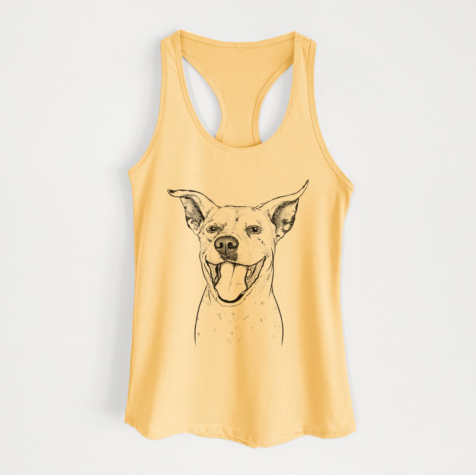 Hand-drawn sketch of Maddie the Dalmatian Pitbull Mix on a Banana Cream Women's racerback tanktop