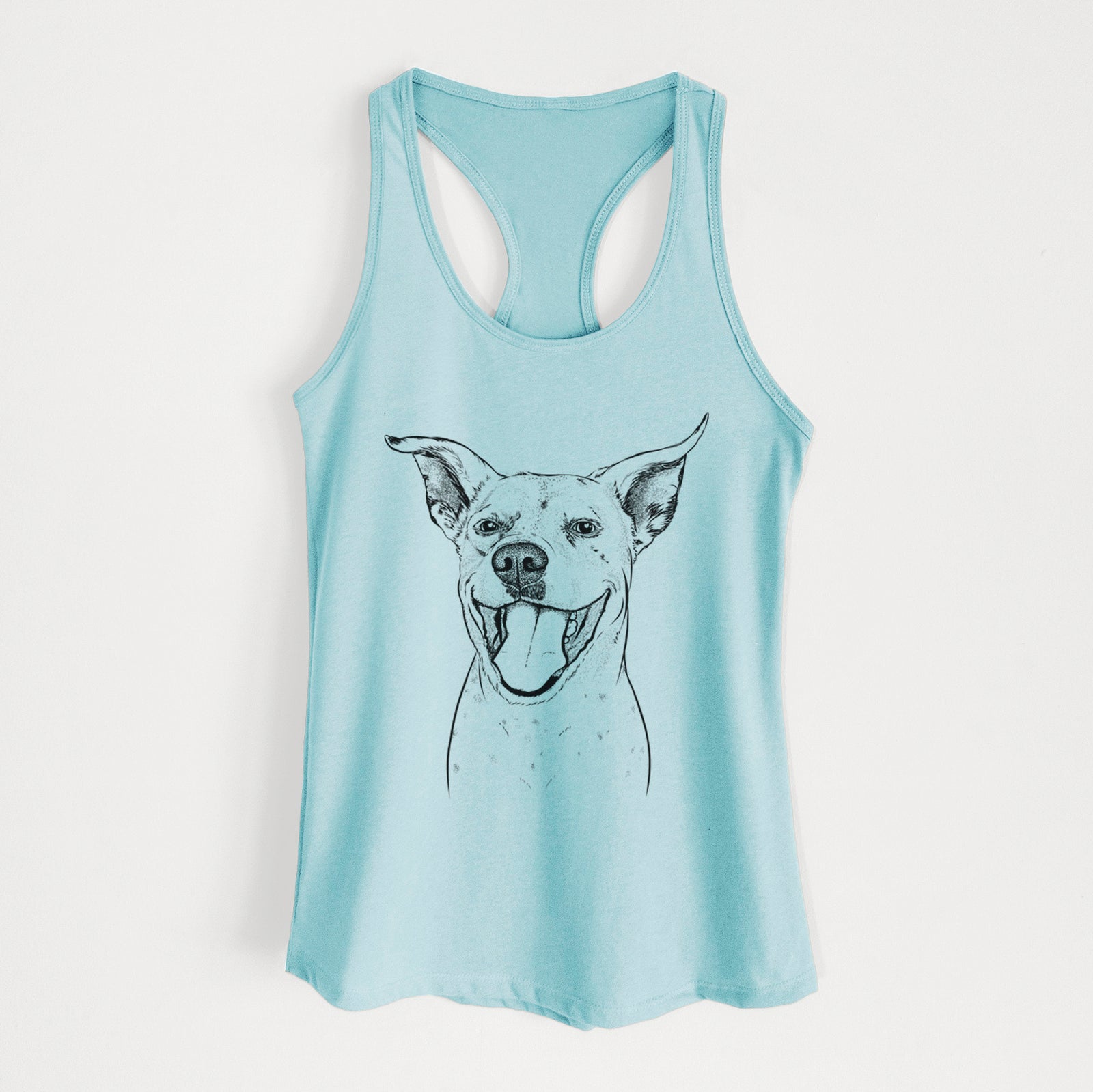 Hand-drawn sketch of Maddie the Dalmatian Pitbull Mix on a Cancun Blue Women's racerback tanktop