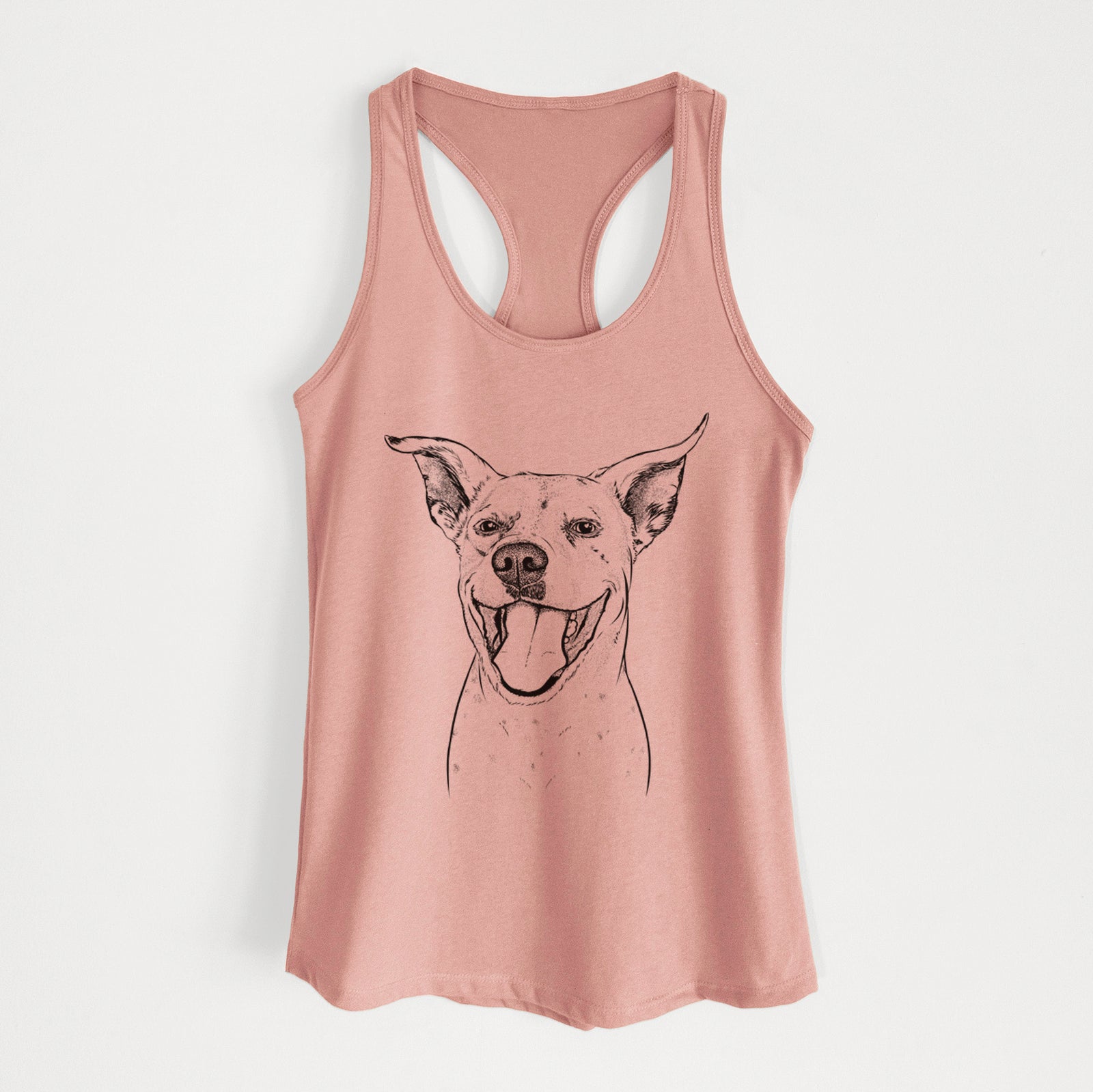 Hand-drawn sketch of Maddie the Dalmatian Pitbull Mix on a Desert Pink Women's racerback tanktop