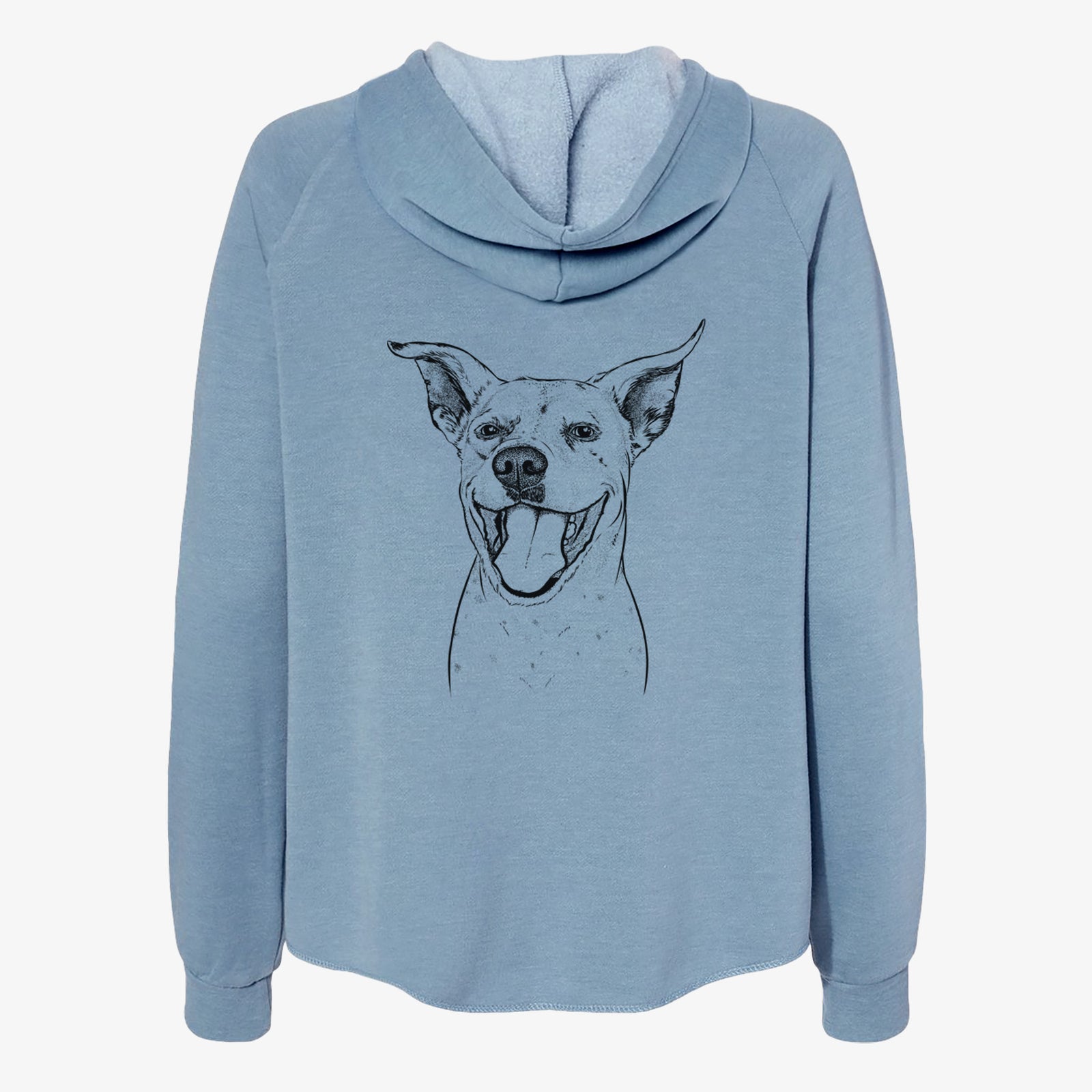 Hand-drawn sketch of Maddie the Dalmatian Pitbull Mix on a Misty Blue Women's cali wave zip-up sweatshirt