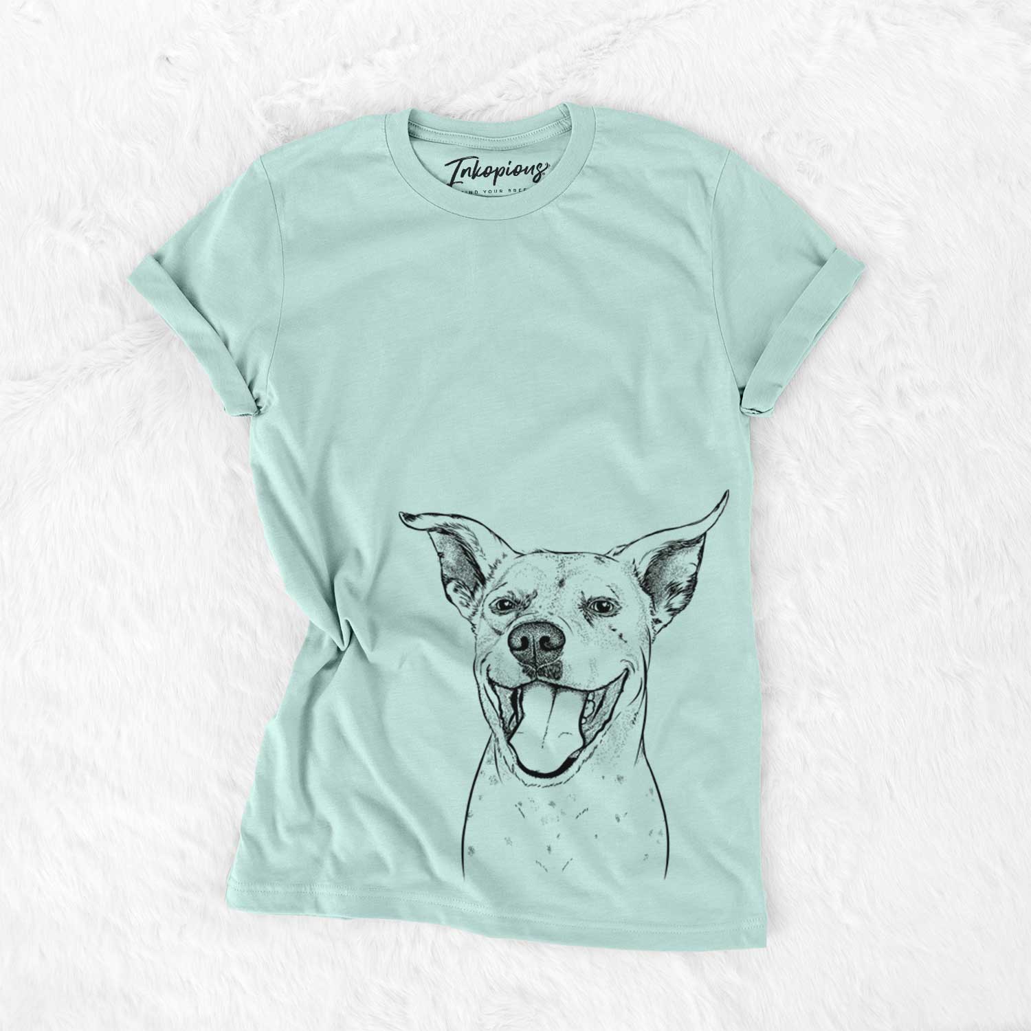 Hand-drawn sketch of Maddie the Dalmatian Pitbull Mix on a Heather Sage Unisex crewneck