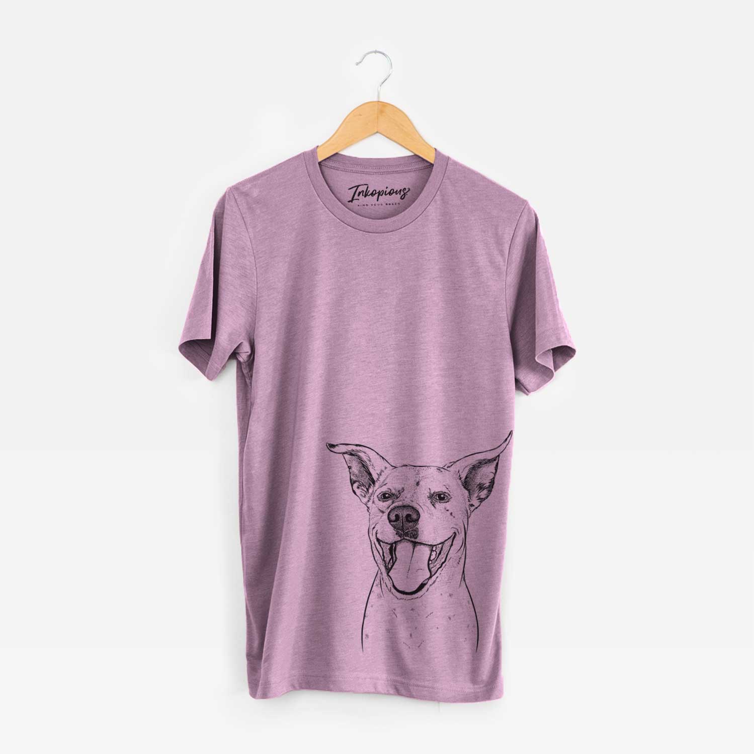 Hand-drawn sketch of Maddie the Dalmatian Pitbull Mix on an Orchid Unisex crewneck