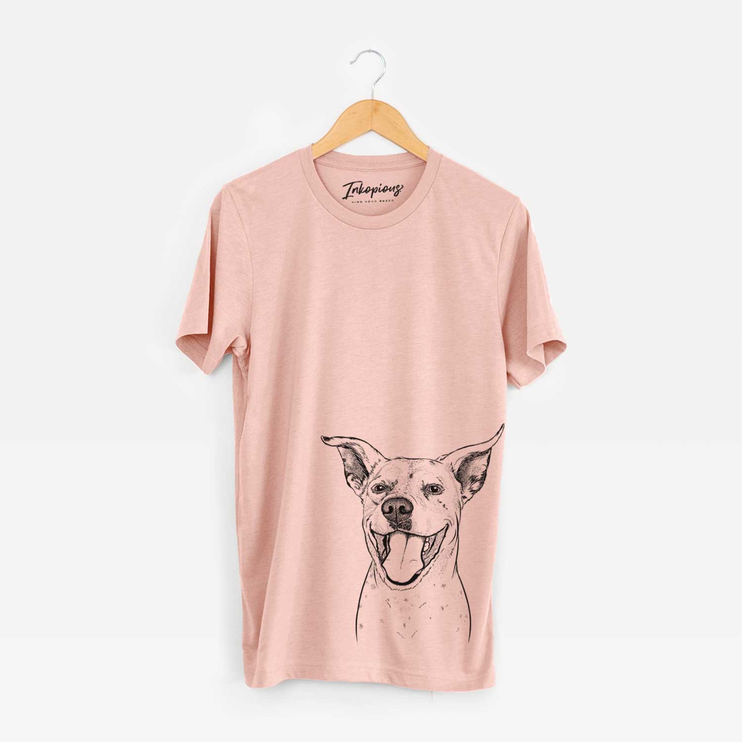 Hand-drawn sketch of Maddie the Dalmatian Pitbull Mix on a Peach Unisex crewneck
