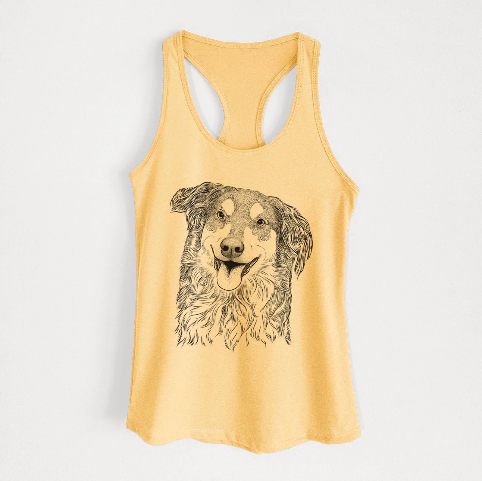 Hand-drawn sketch of Maddie the English Shepherd on a Banana Cream Women's racerback tanktop