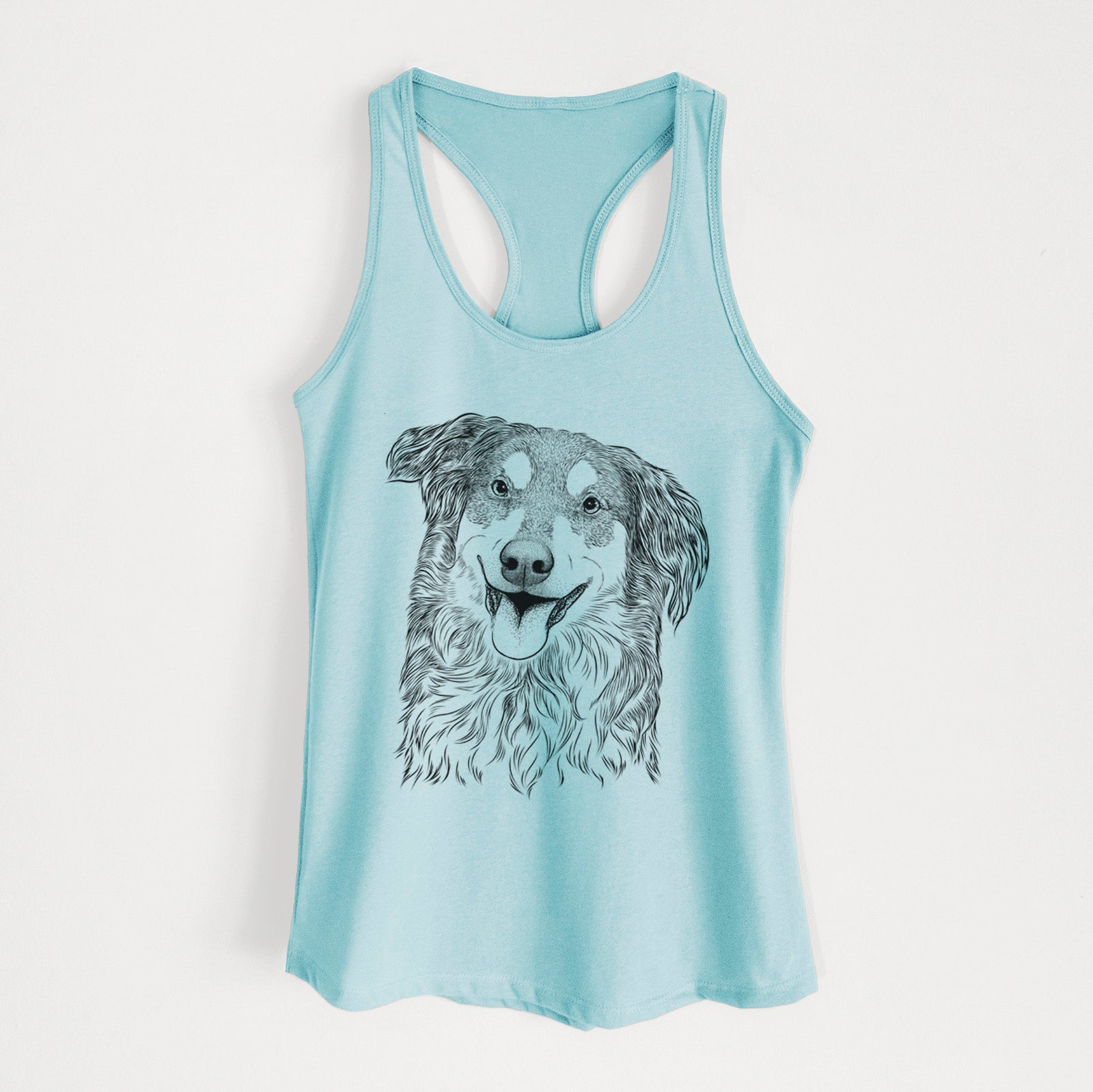 Hand-drawn sketch of Maddie the English Shepherd on a Cancun Blue Women's racerback tanktop