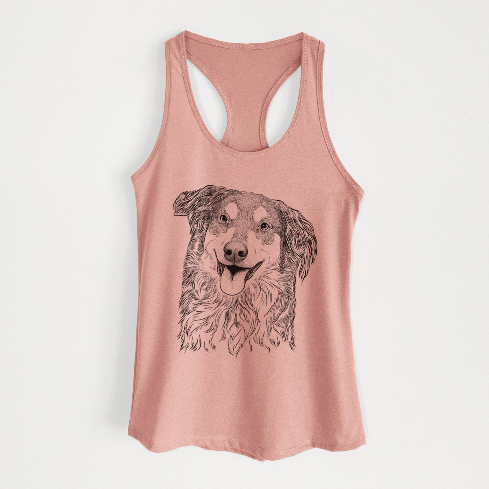 Hand-drawn sketch of Maddie the English Shepherd on a Desert Pink Women's racerback tanktop