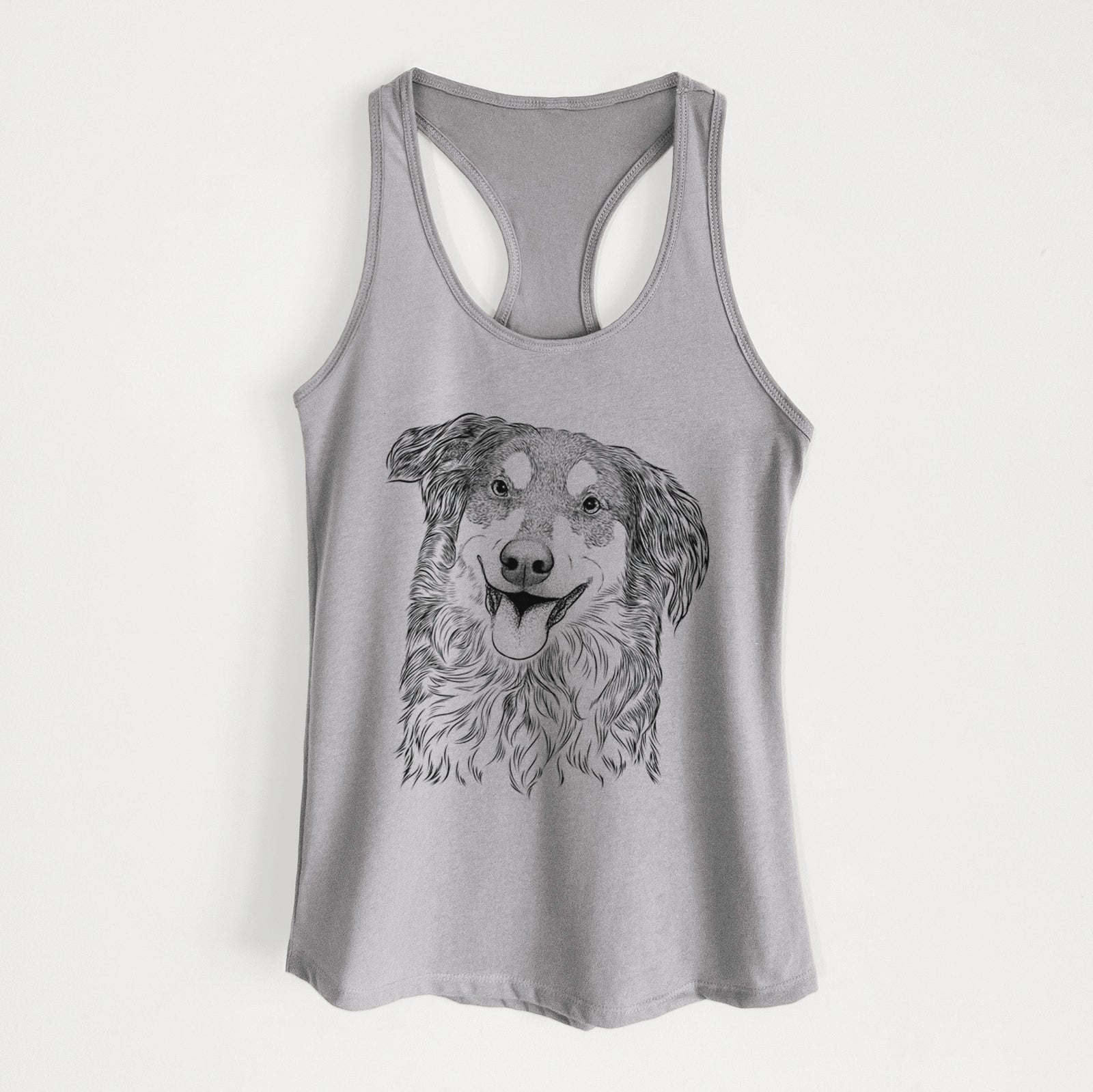 Hand-drawn sketch of Maddie the English Shepherd on a Heather Grey Women's racerback tanktop