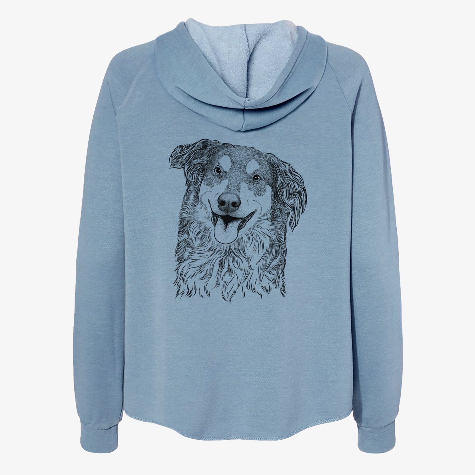 Hand-drawn sketch of Maddie the English Shepherd on a Misty Blue Women's cali wave zip-up sweatshirt