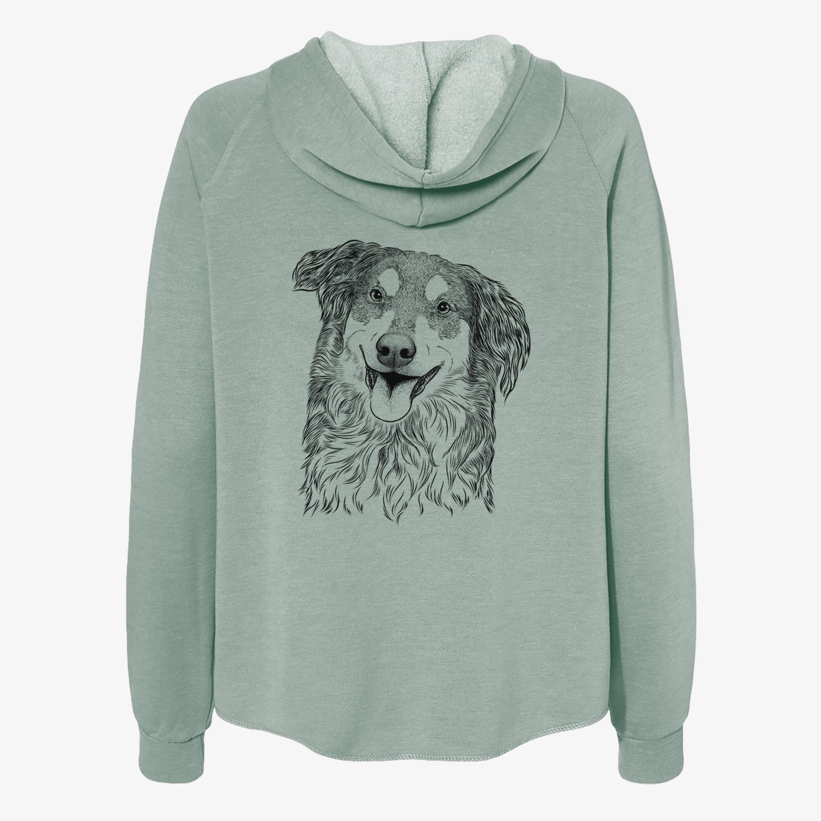 Hand-drawn sketch of Maddie the English Shepherd on a Sage Women's cali wave zip-up sweatshirt