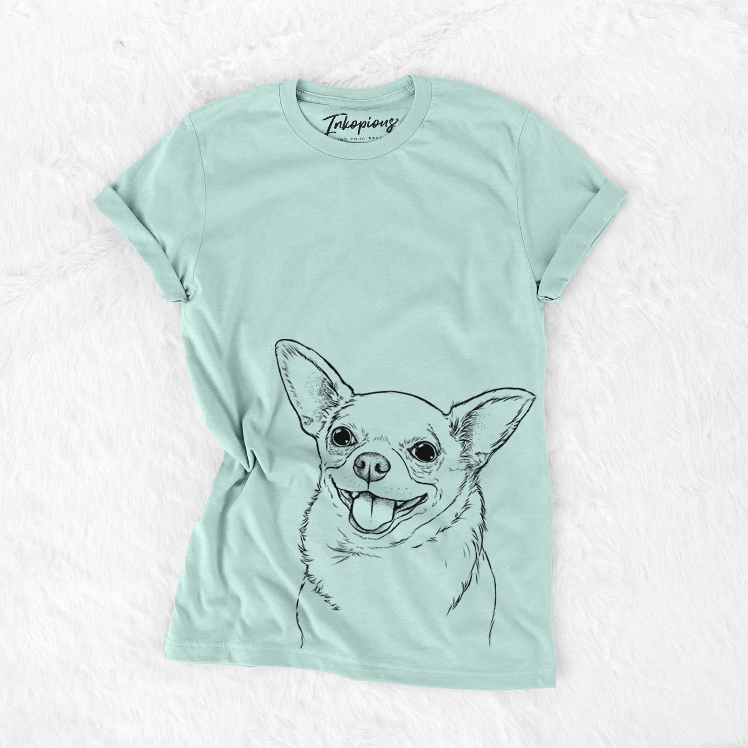 Hand-drawn sketch of Maddison Pearl the Chihuahua on a Heather Sage Bella Canvas Unisex Crewneck