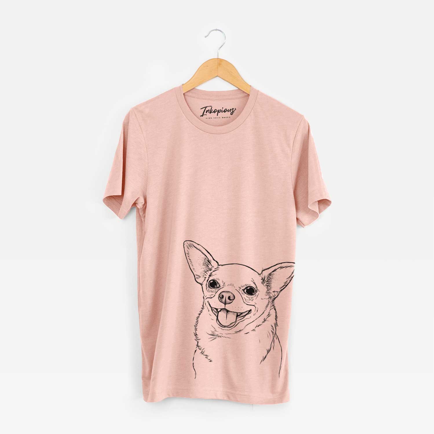 Hand-drawn sketch of Maddison Pearl the Chihuahua on a Peach Bella Canvas Unisex Crewneck