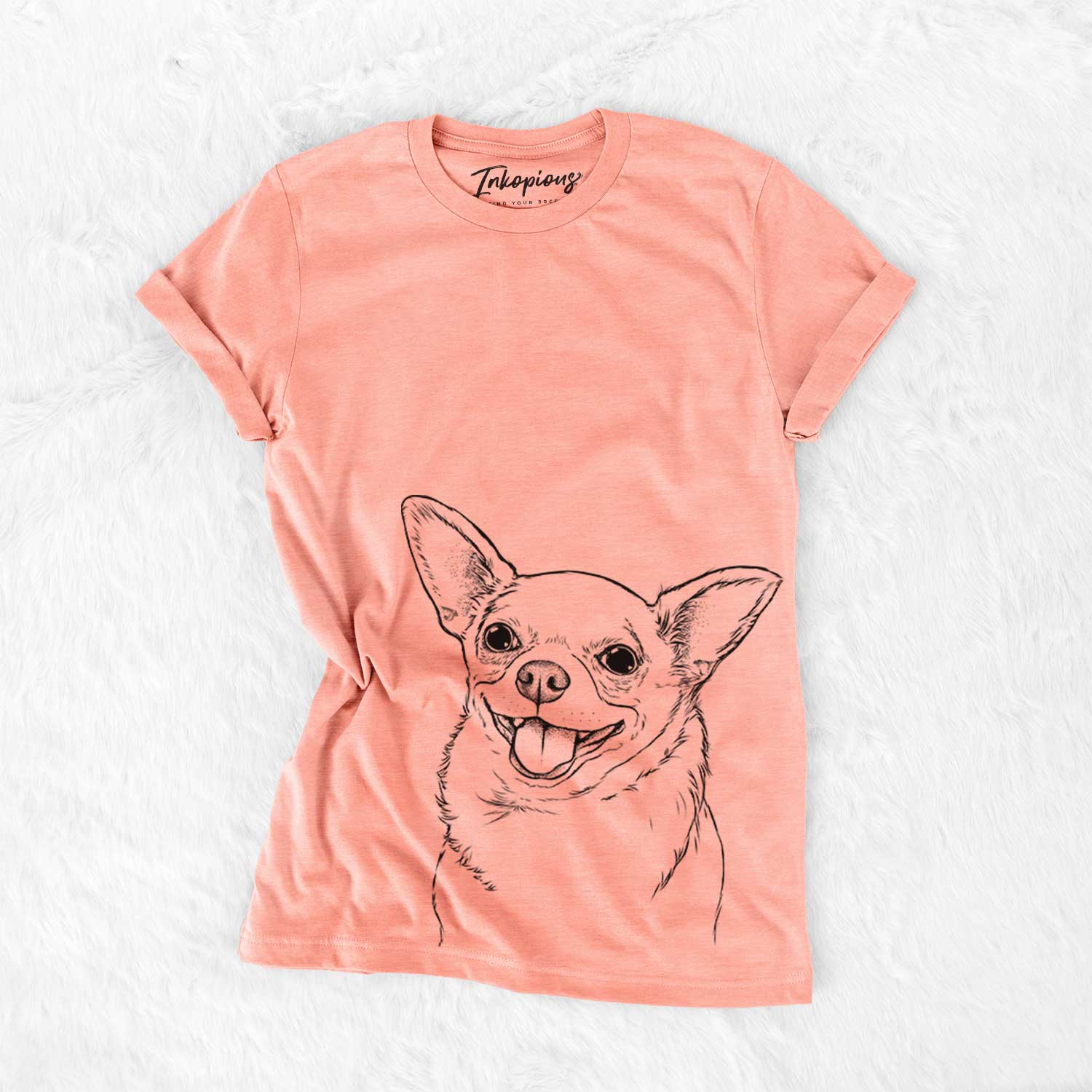 Hand-drawn sketch of Maddison Pearl the Chihuahua on a Sunset Bella Canvas Unisex Crewneck