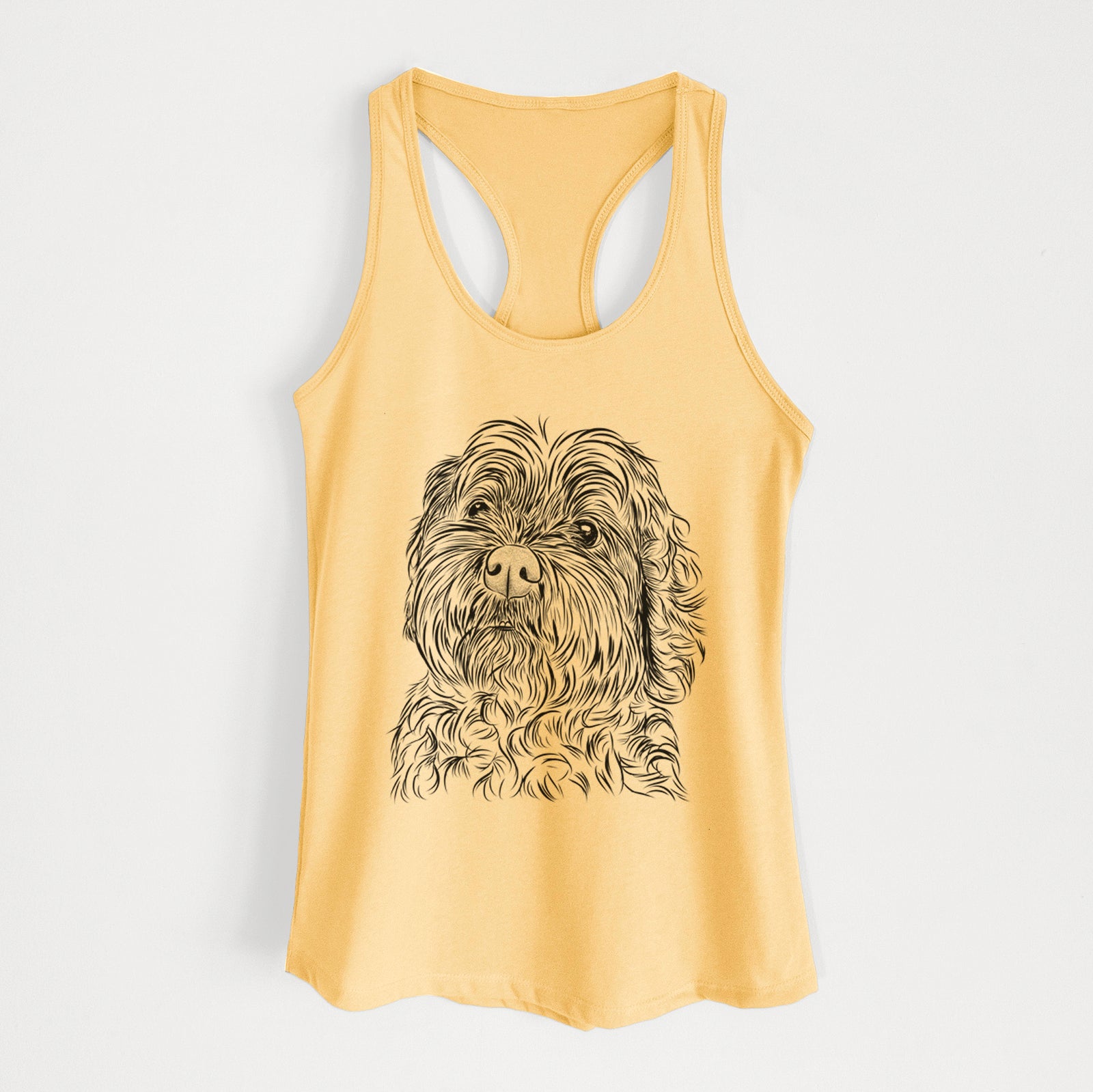 Hand-drawn sketch of Maggie Girl the Cockapoo on a Banana Cream Women's racerback tanktop