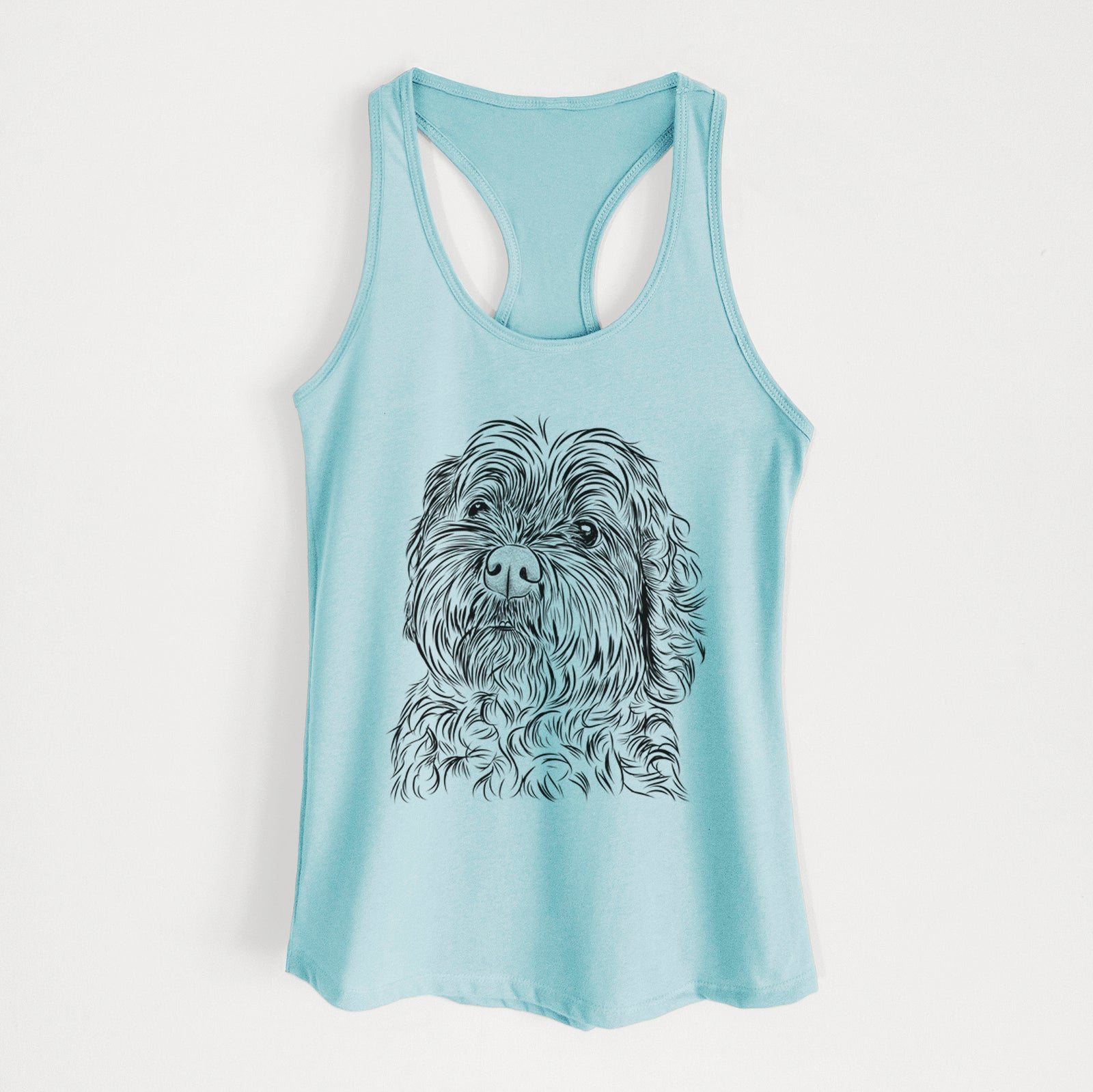 Hand-drawn sketch of Maggie Girl the Cockapoo on a Cancun Blue Women's racerback tanktop