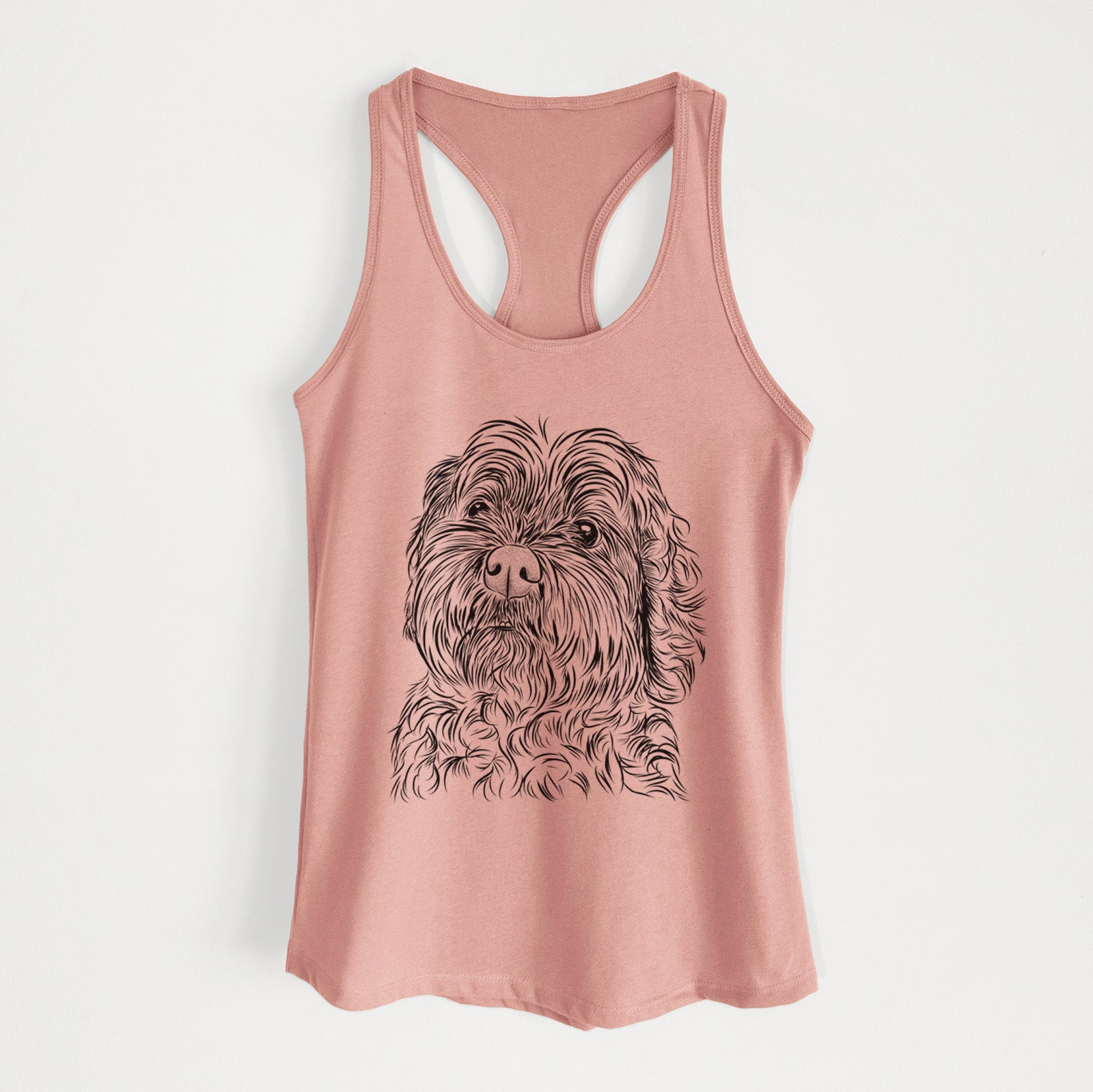 Hand-drawn sketch of Maggie Girl the Cockapoo on a Desert Pink Women's racerback tanktop