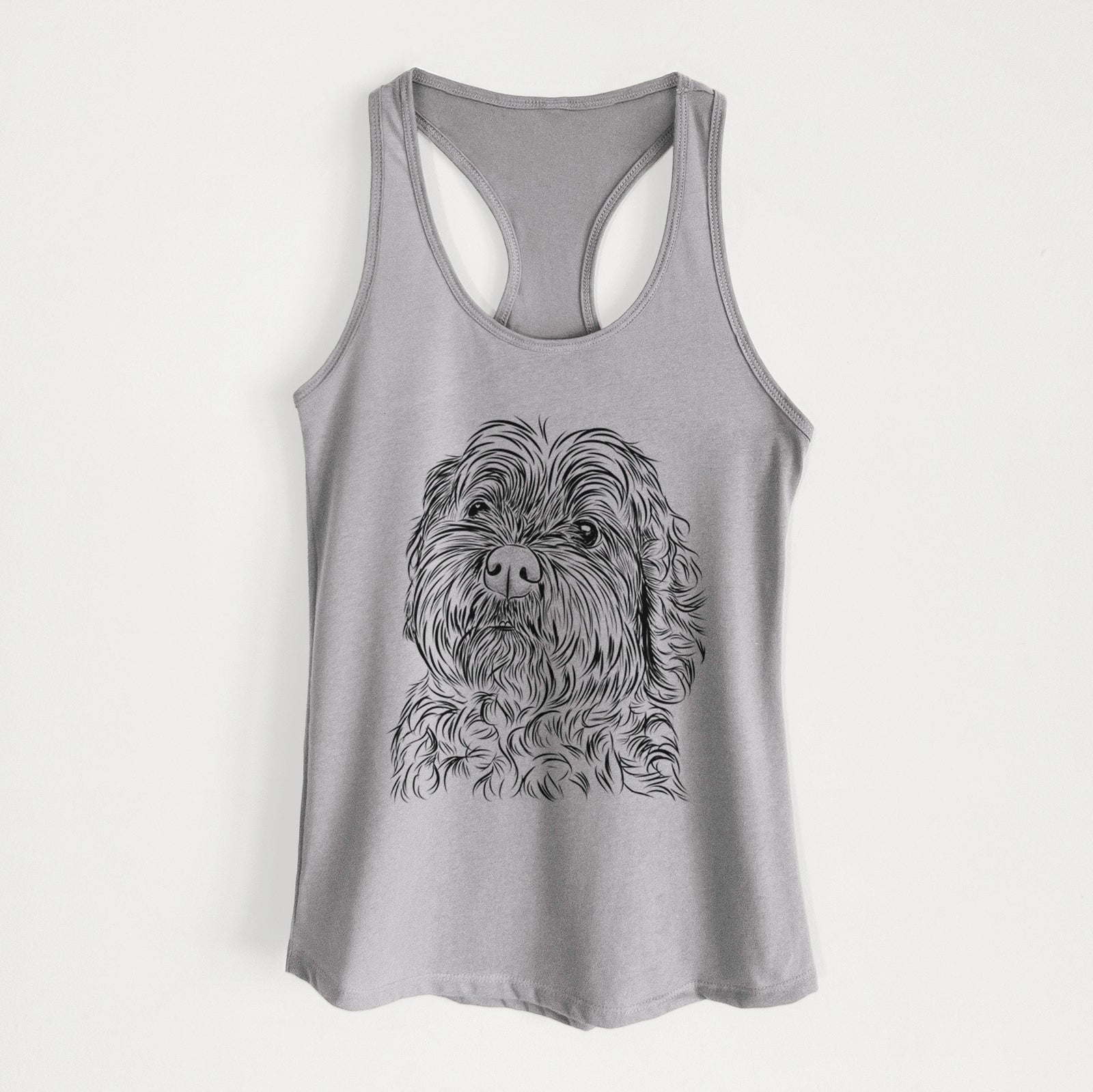 Hand-drawn sketch of Maggie Girl the Cockapoo on a Heather Grey Women's racerback tanktop