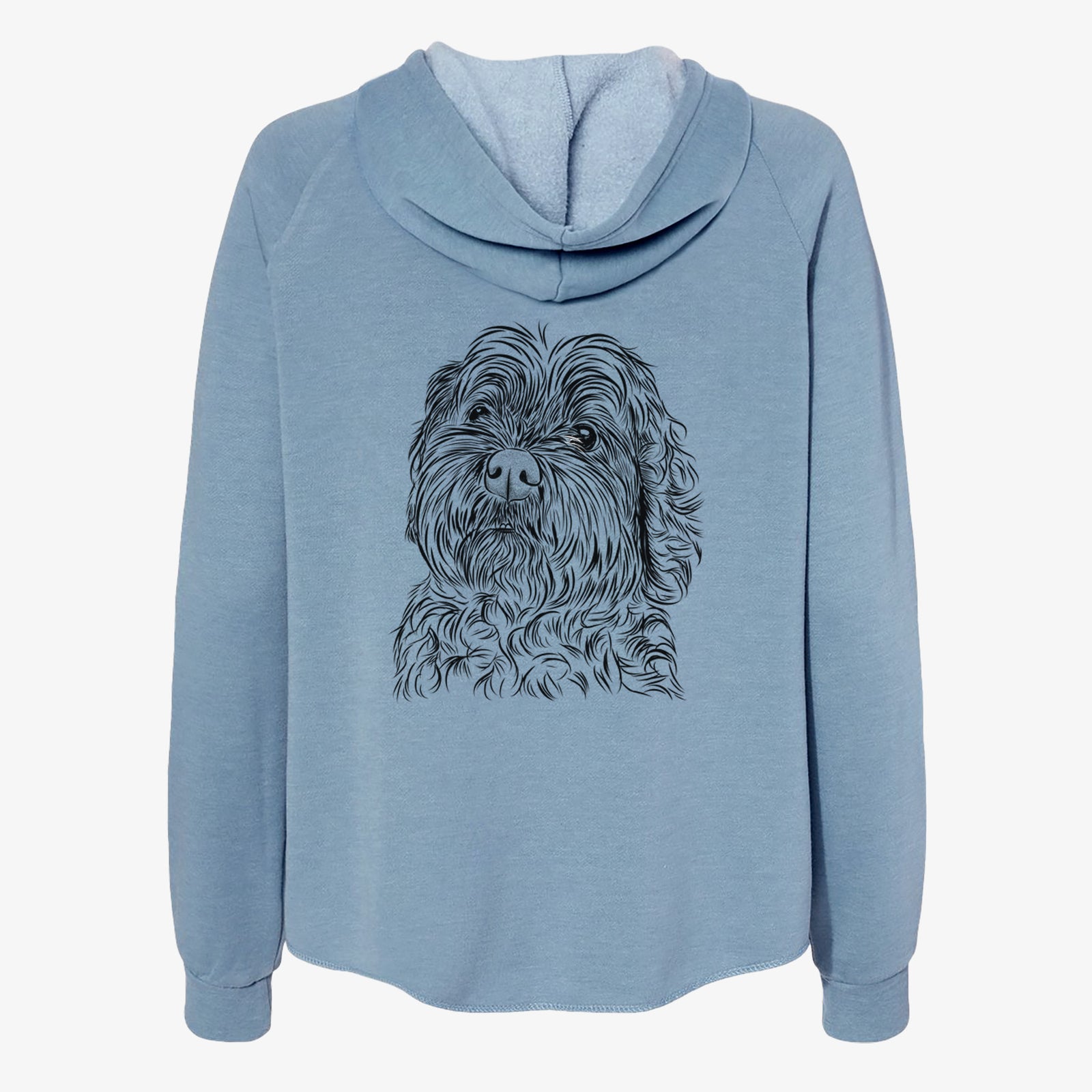 Hand-drawn sketch of Maggie Girl the Cockapoo on a Misty Blue Women's cali wave zip-up sweatshirt
