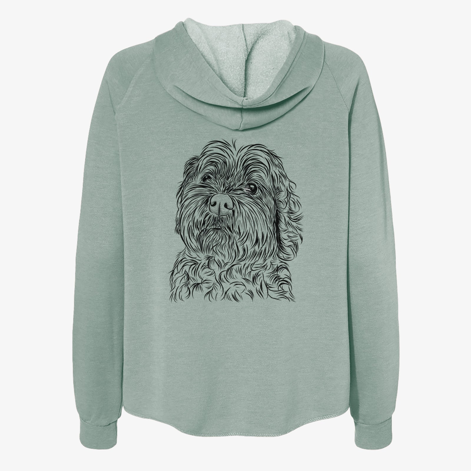 Hand-drawn sketch of Maggie Girl the Cockapoo on a Sage Women's cali wave zip-up sweatshirt
