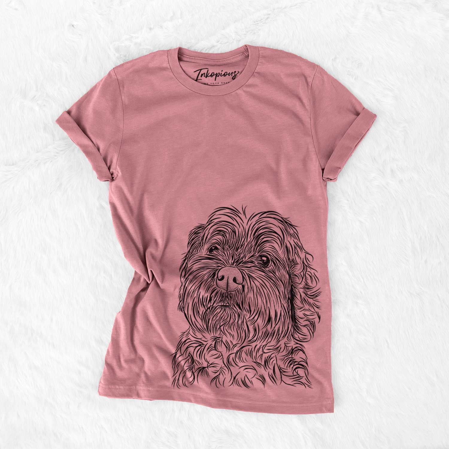 Hand-drawn sketch of Maggie Girl the Cockapoo on a Mauve Bella Canvas Unisex Crewneck