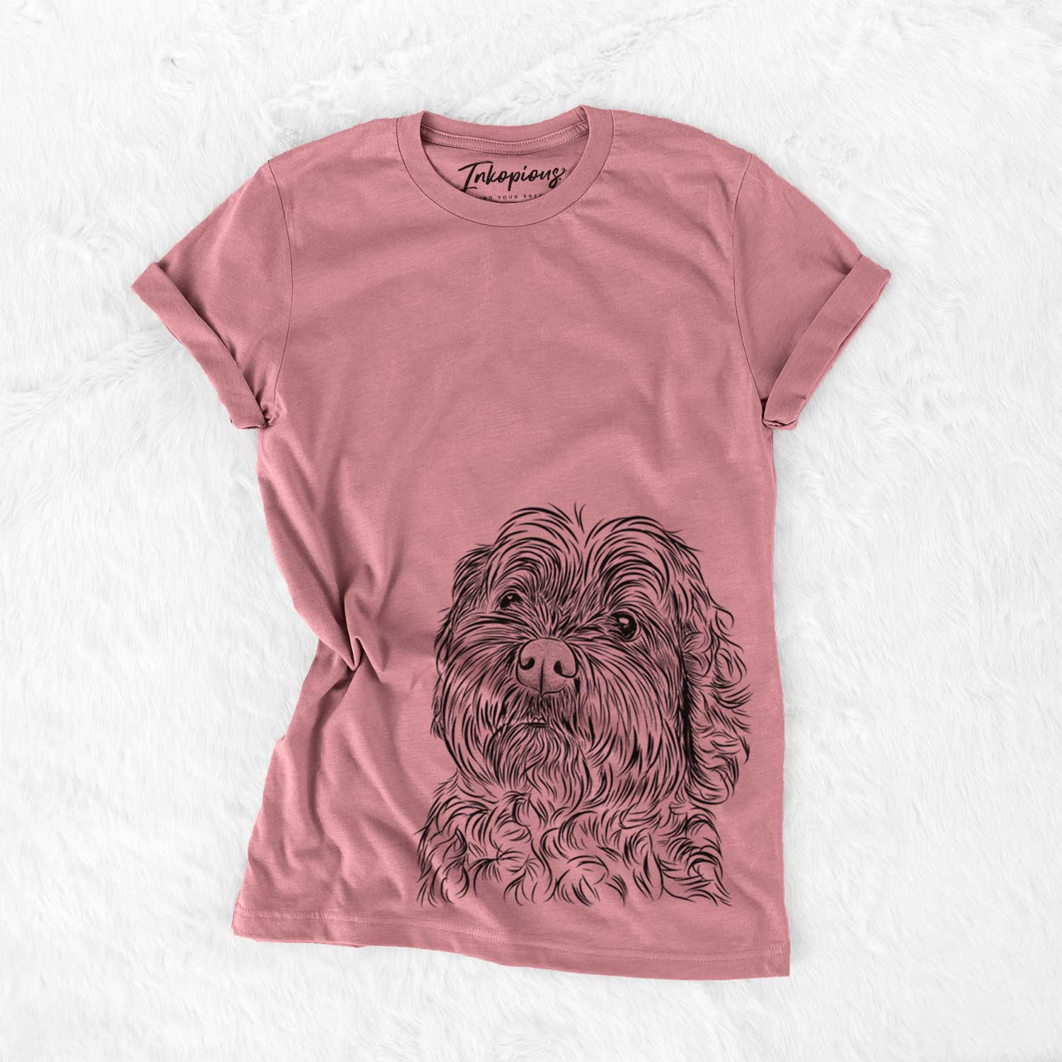 Hand-drawn sketch of Maggie Girl the Cockapoo on a Mauve Unisex crewneck