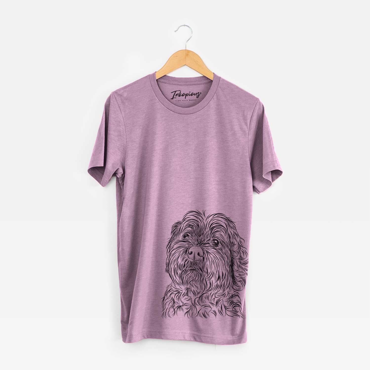 Hand-drawn sketch of Maggie Girl the Cockapoo on an Orchid Unisex crewneck