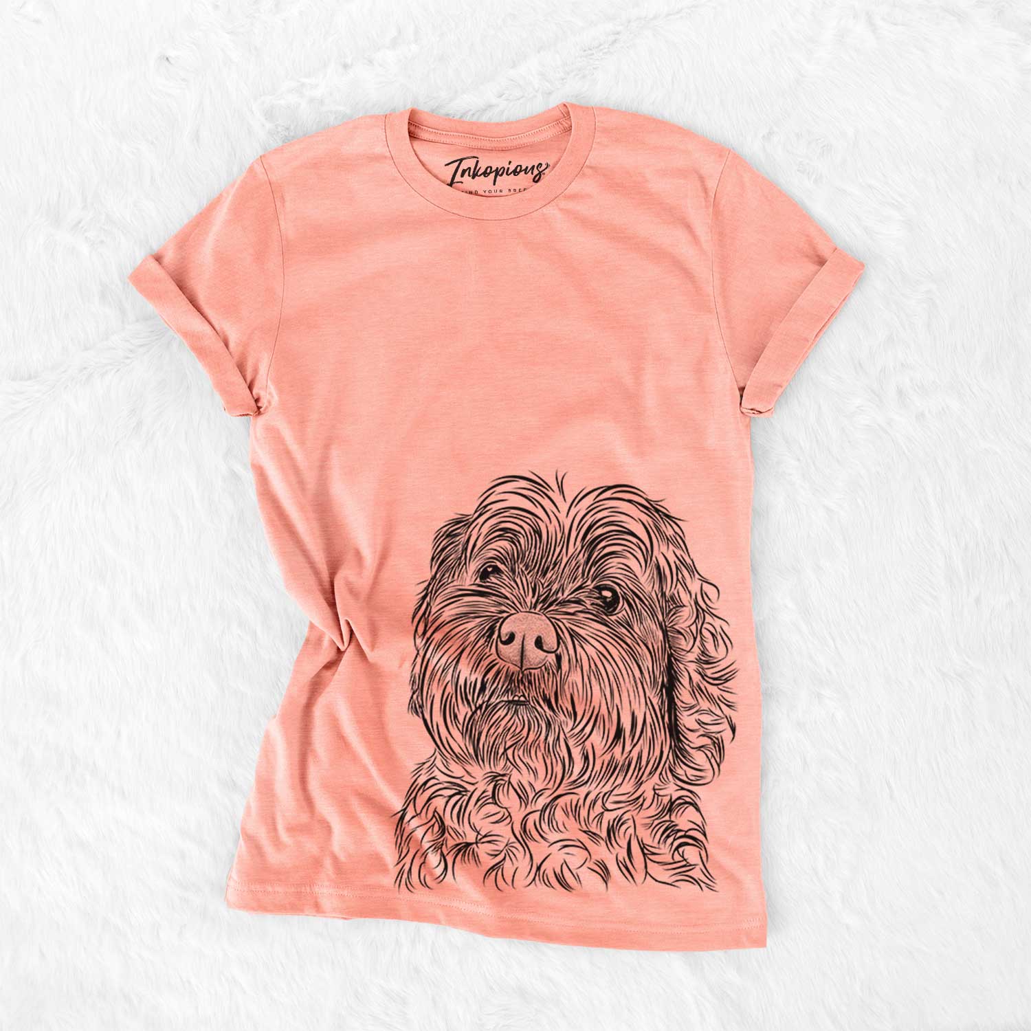 Hand-drawn sketch of Maggie Girl the Cockapoo on a Sunset Bella Canvas Unisex Crewneck