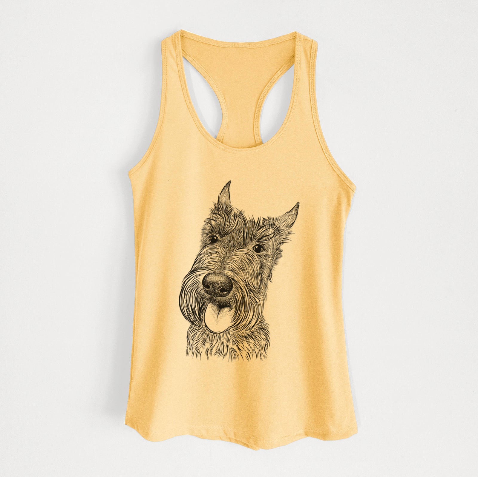 Hand-drawn sketch of Magnus the Scottish Terrier on a Banana Cream Women's racerback tanktop