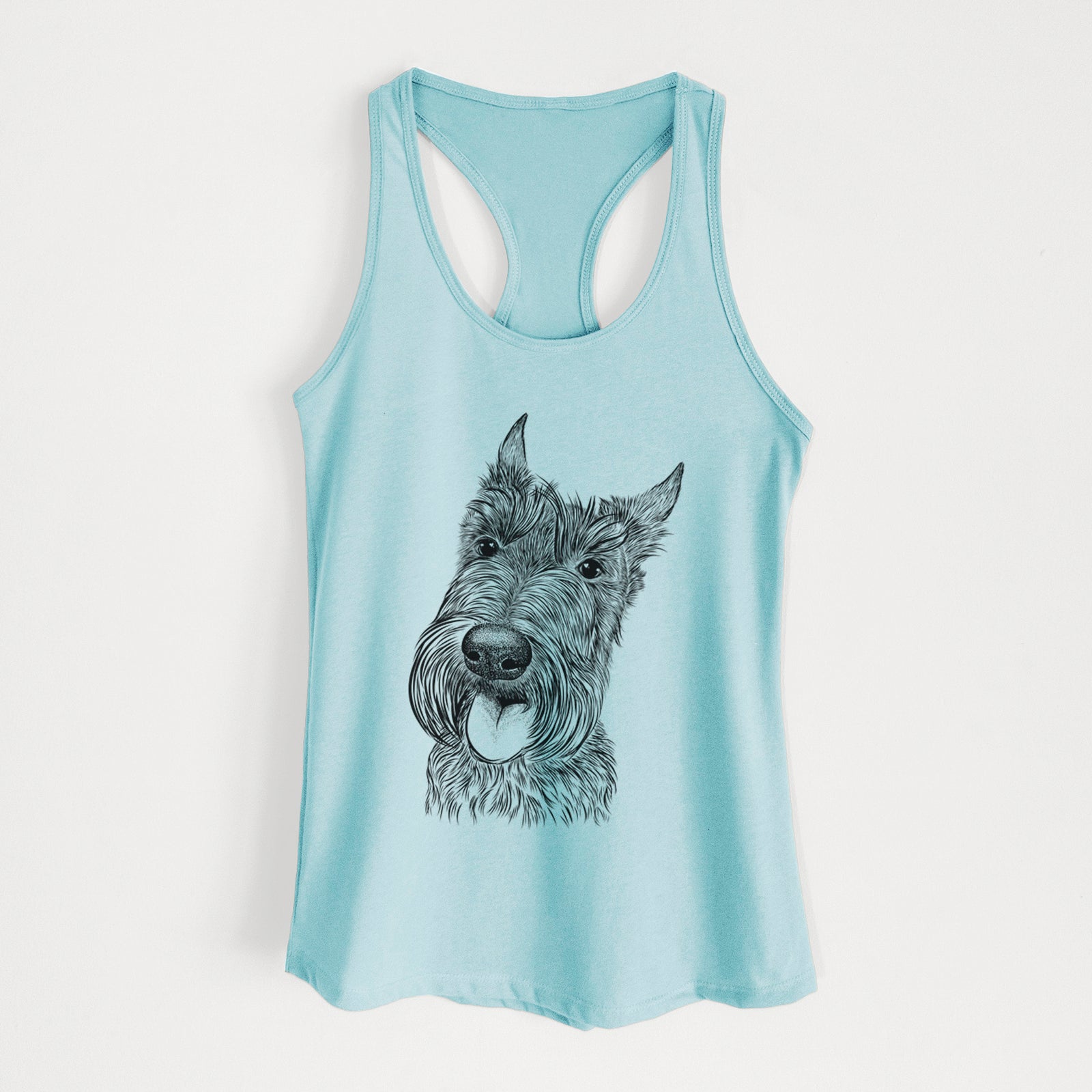 Hand-drawn sketch of Magnus the Scottish Terrier on a Cancun Blue Women's racerback tanktop