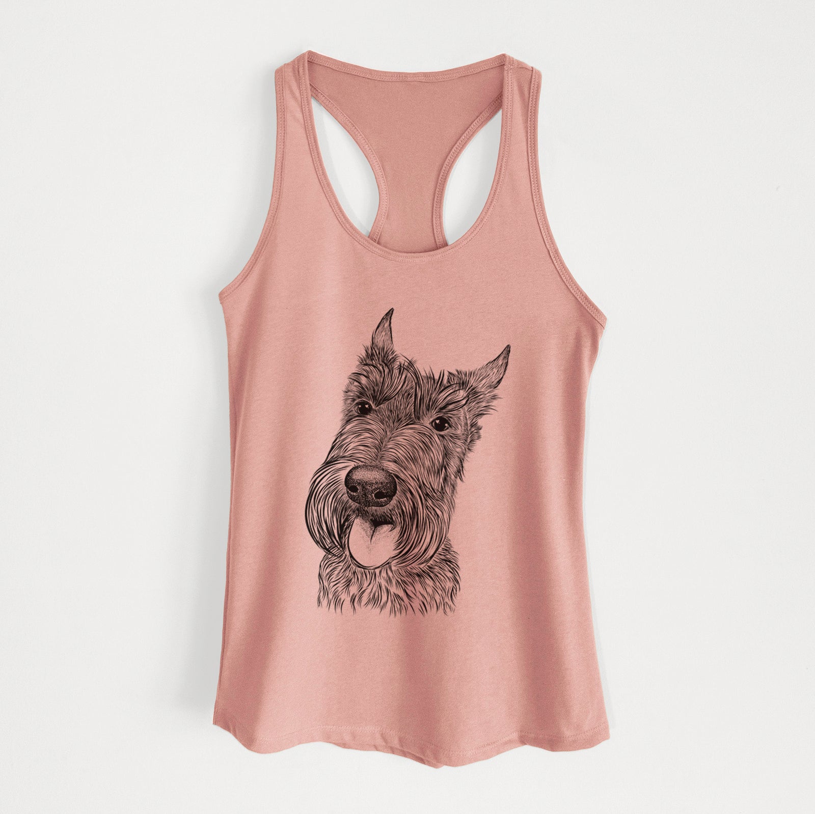 Hand-drawn sketch of Magnus the Scottish Terrier on a Desert Pink Women's racerback tanktop