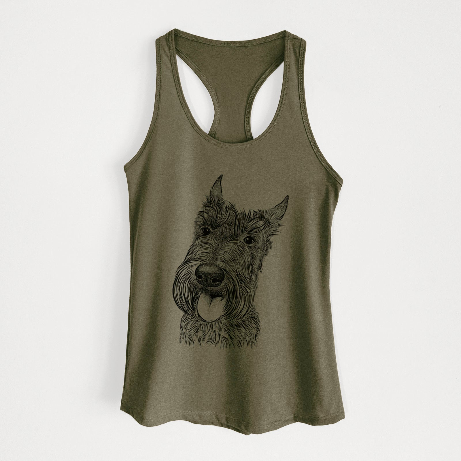 Hand-drawn sketch of Magnus the Scottish Terrier on a Military Green Women's racerback tanktop