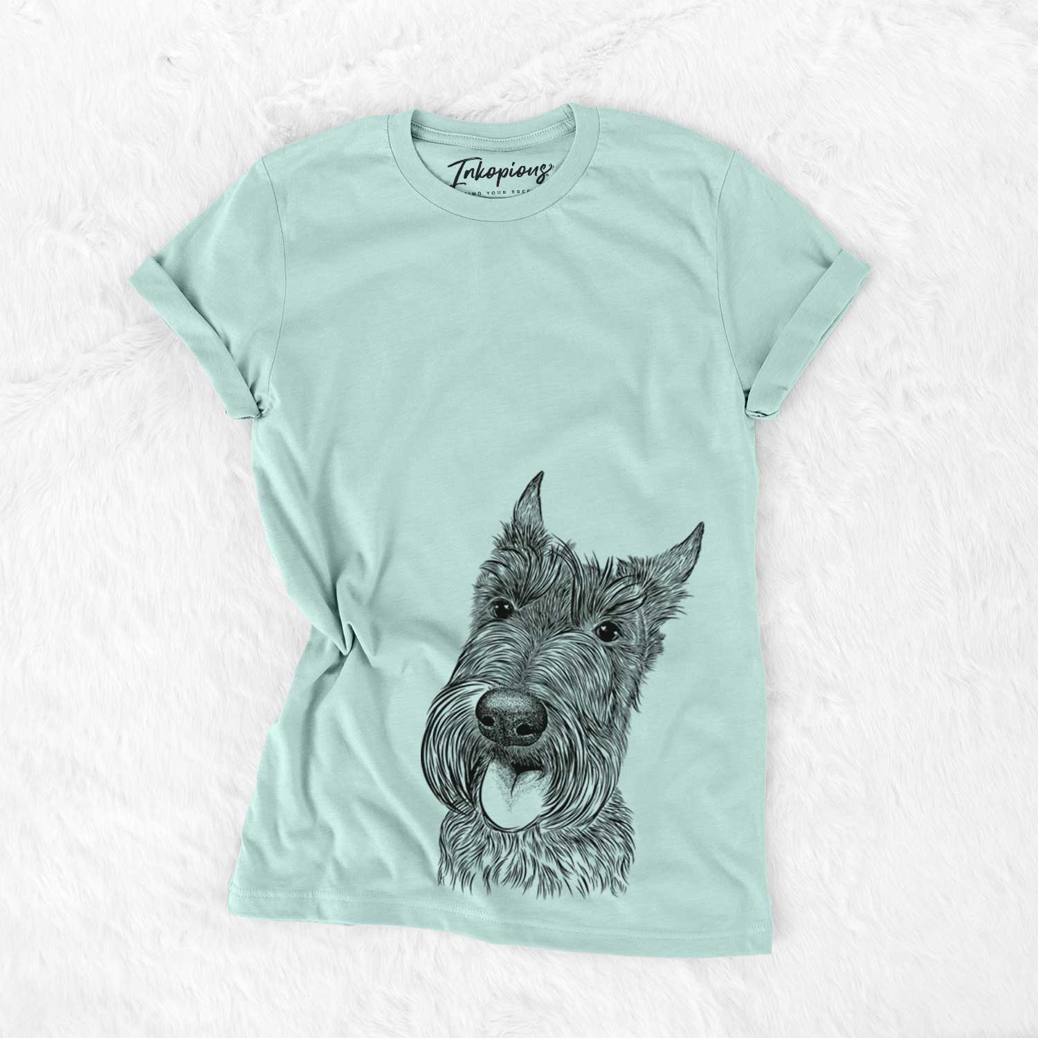 Hand-drawn sketch of Magnus the Scottish Terrier on a Heather Sage Bella Canvas Unisex Crewneck