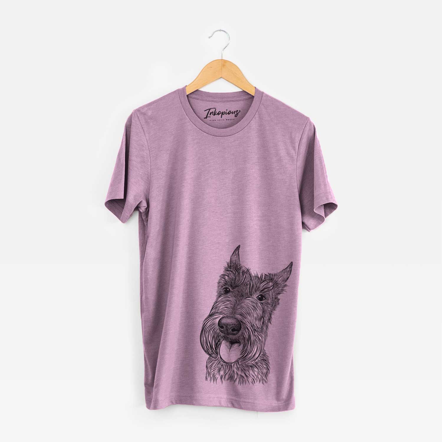 Hand-drawn sketch of Magnus the Scottish Terrier on an Orchid Bella Canvas Unisex Crewneck