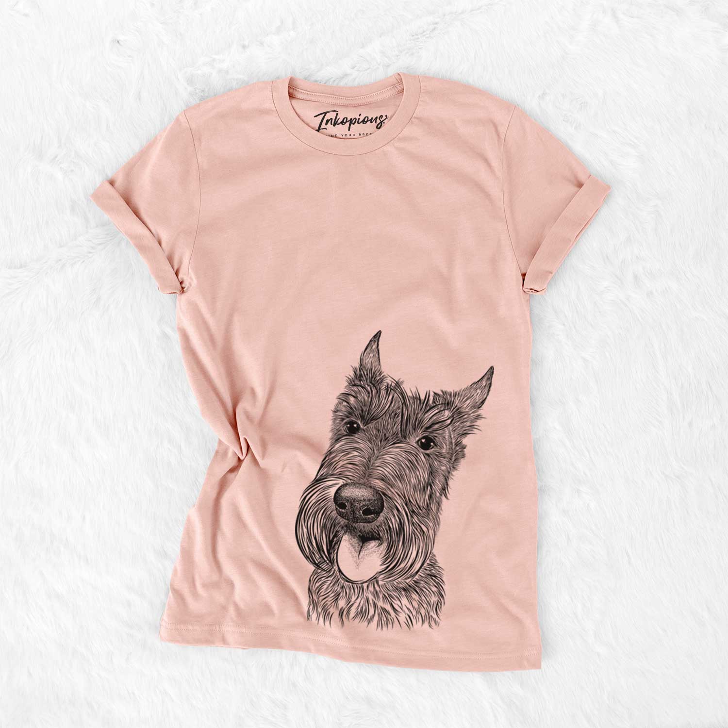 Hand-drawn sketch of Magnus the Scottish Terrier on a Peach Bella Canvas Unisex Crewneck