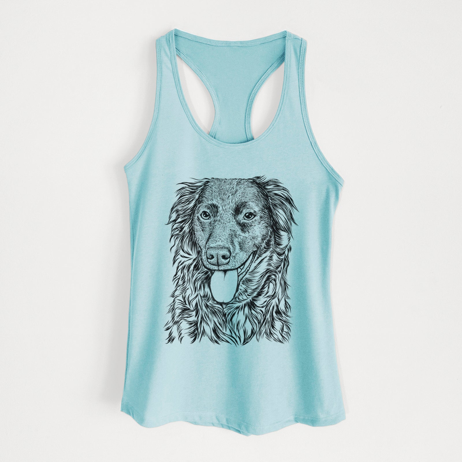 Hand-drawn sketch of Maisie Mae the Aussiedor on a Cancun Blue Women's racerback tanktop