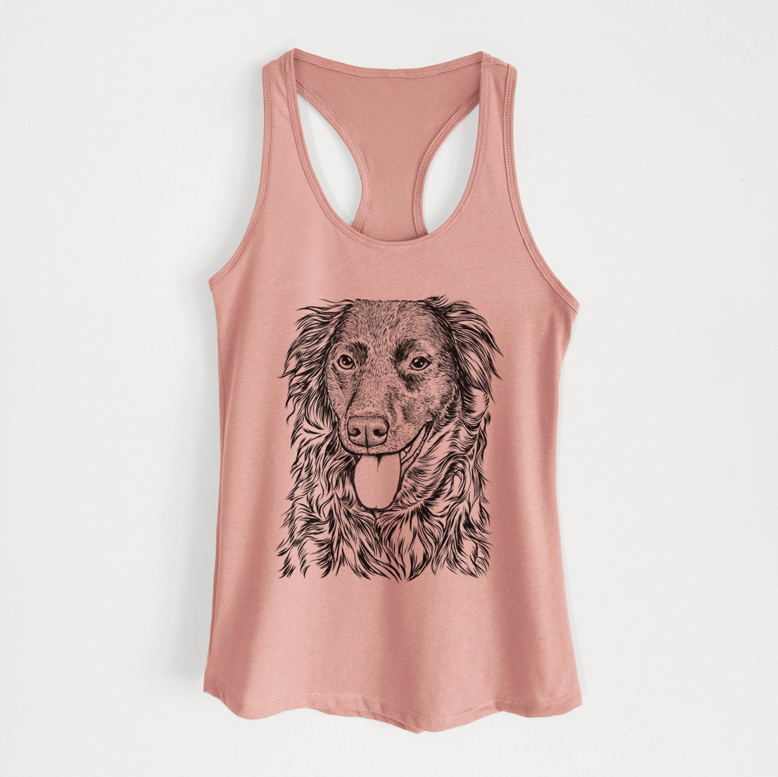Hand-drawn sketch of Maisie Mae the Aussiedor on a Desert Pink Women's racerback tanktop