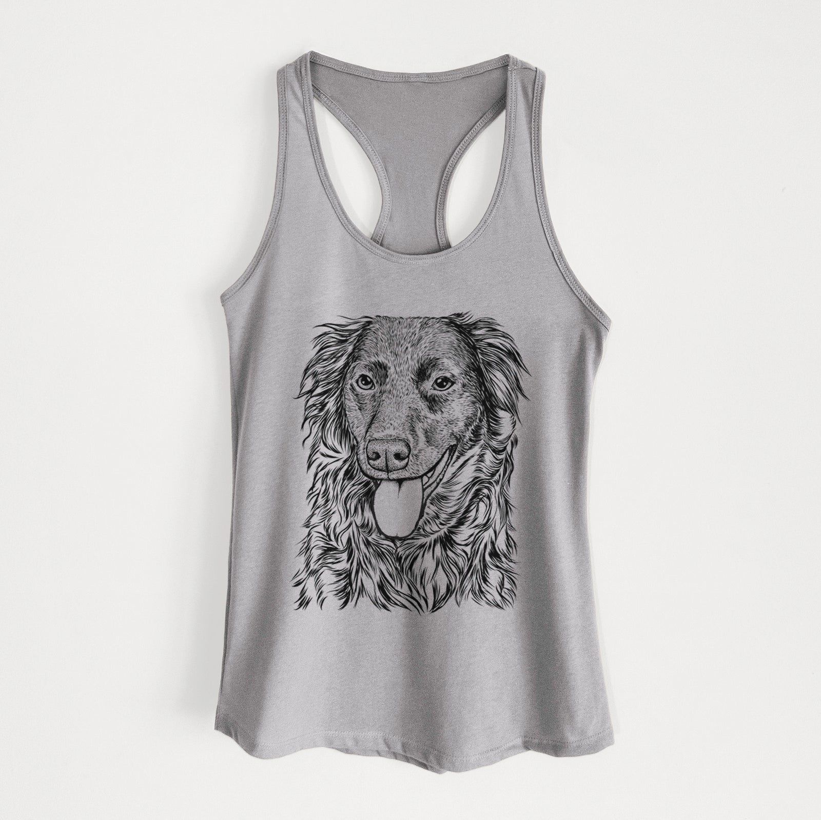 Hand-drawn sketch of Maisie Mae the Aussiedor on a Heather Grey Women's racerback tanktop